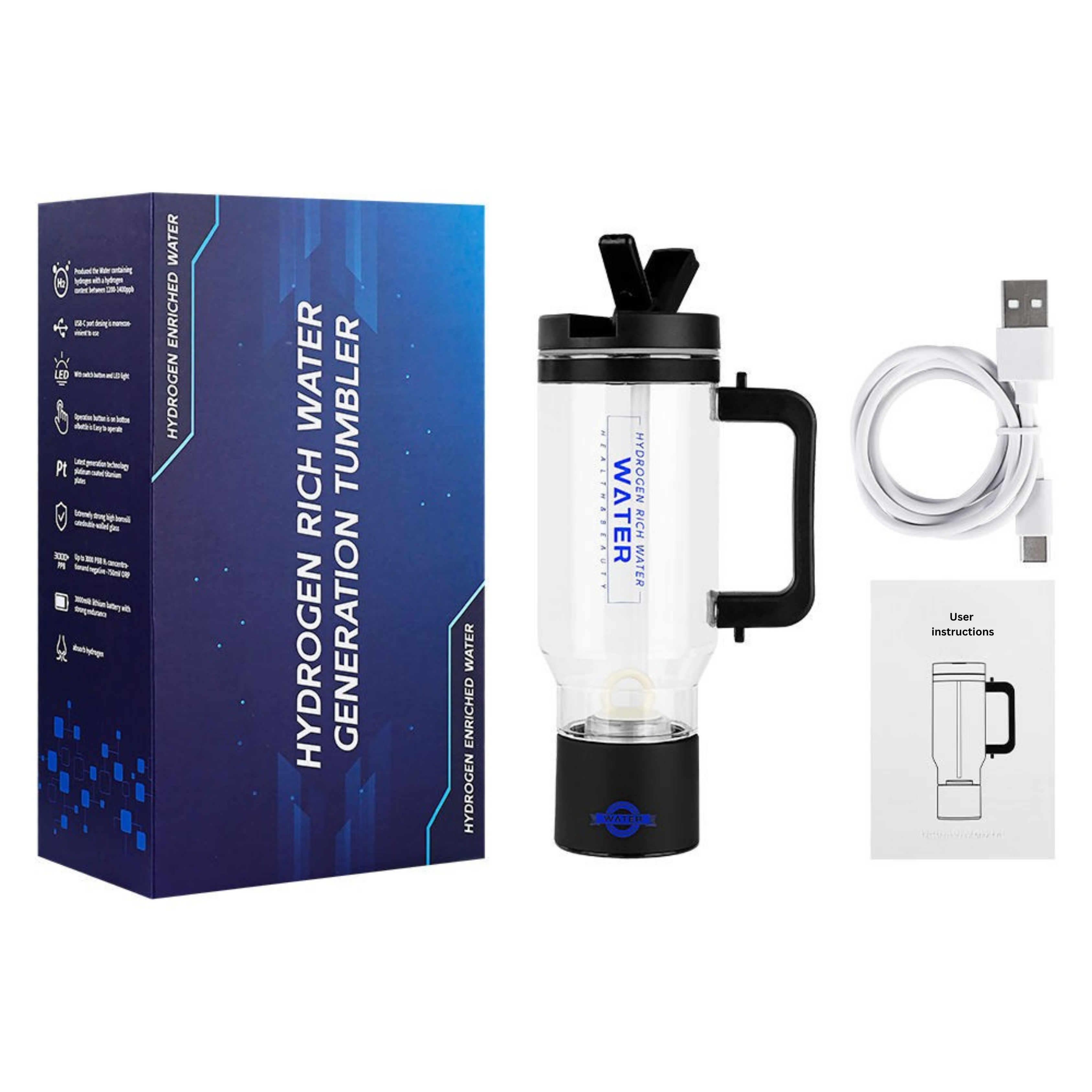 TRUE MARQET H2FLOW Hydrogen Water Bottle Tumbler – Up to 2000 PPB Molecular Hydrogen | Titanium/Platinum Electrodes | Leakproof Large Capacity 1000 mL | Rechargeable Portable Hydrogen Water Generator