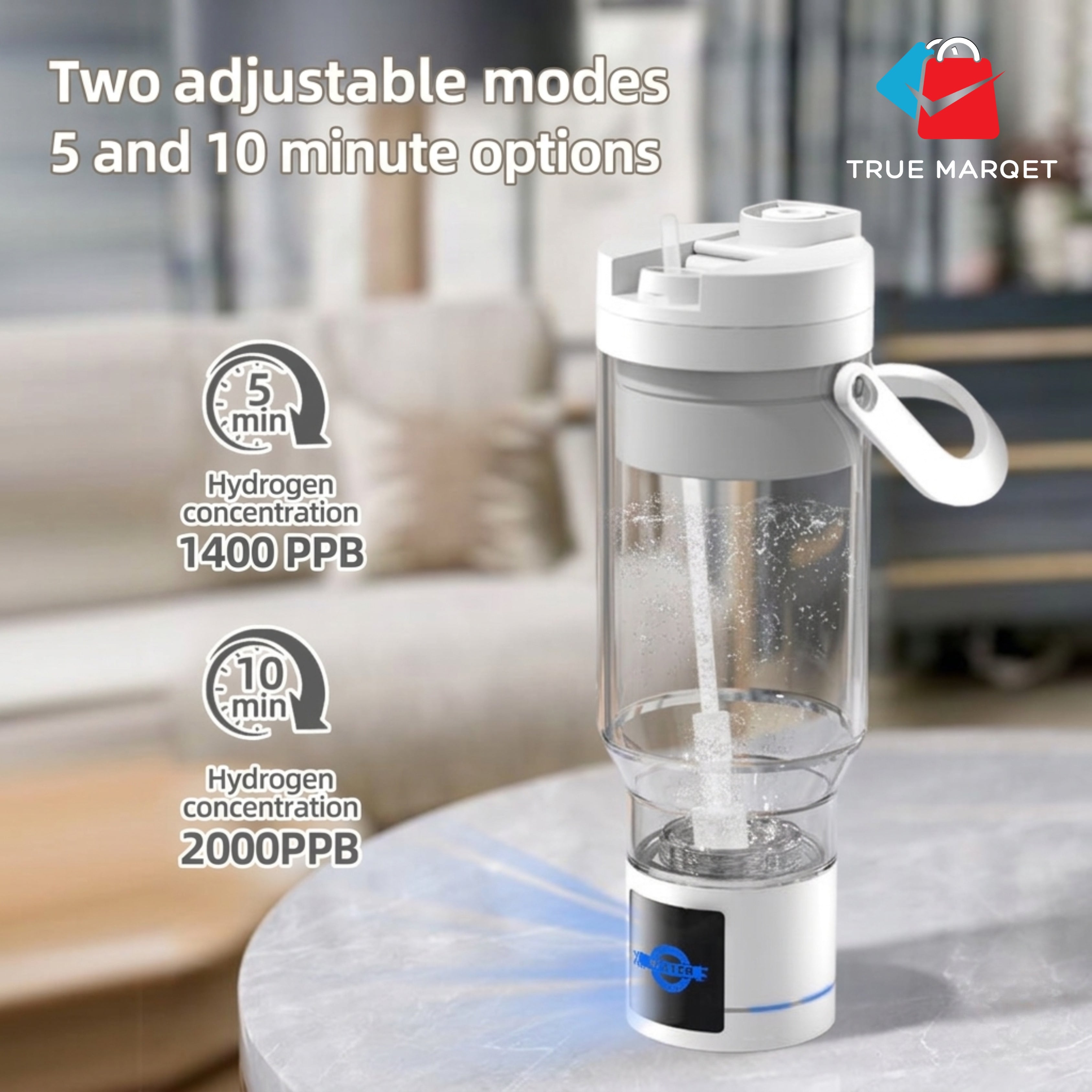 TRUE MARQET H2ELITE Hydrogen Water Bottle | 3-in-1 Hydrogen Water Generator, Alkaline Water Creator, and Filter W Straw | Up to 2000 PPB Molecular Hydrogen |750 mL Rechargeable Long Battery Life