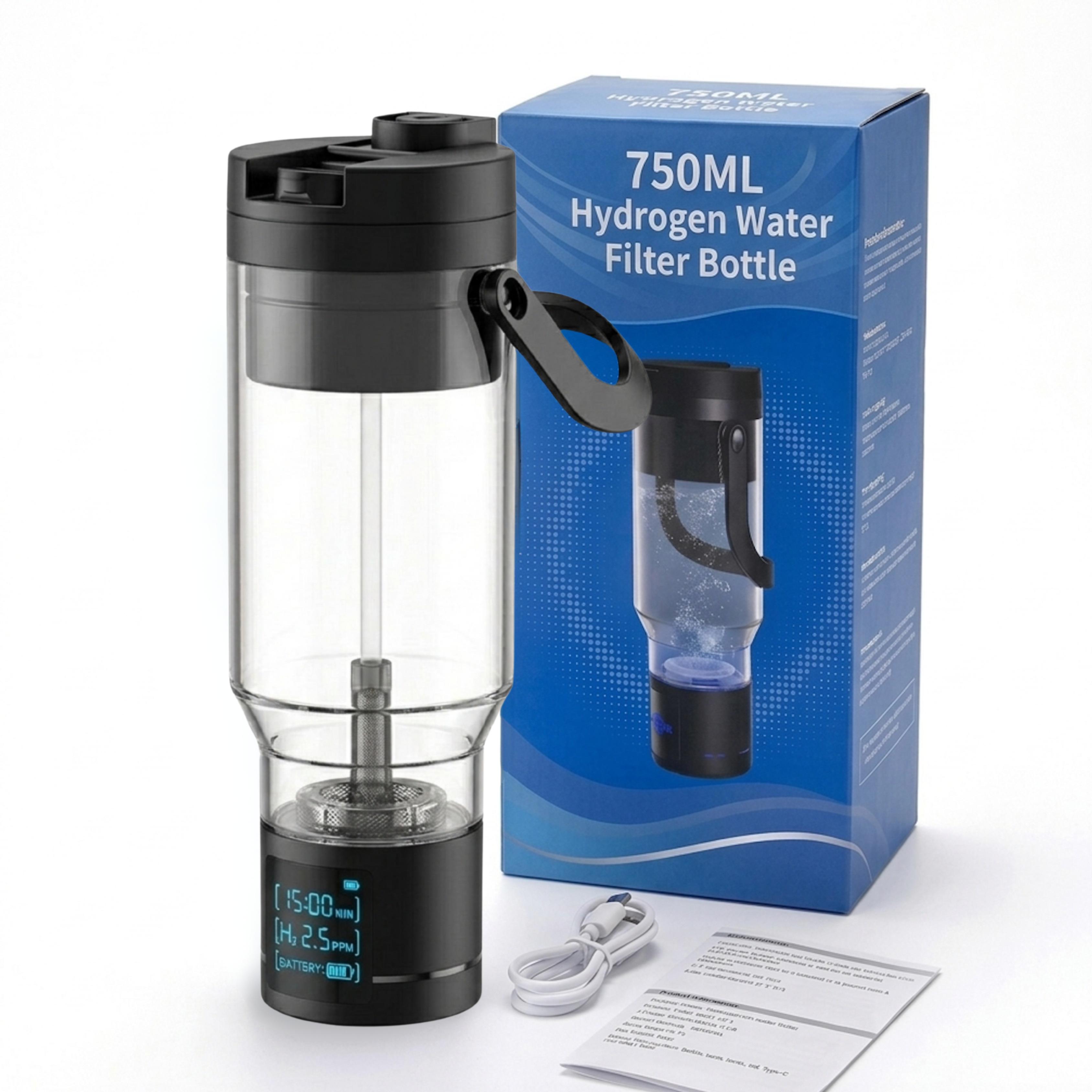 TRUE MARQET H2FILTER Hydrogen Rich + Alkaline Water Bottle W Filter Straw | 3-in-1 Hydrogen Water Generator, Alkaline Water Creator, and Filter W Straw | Up to 3007 PPB H2 |750 mL