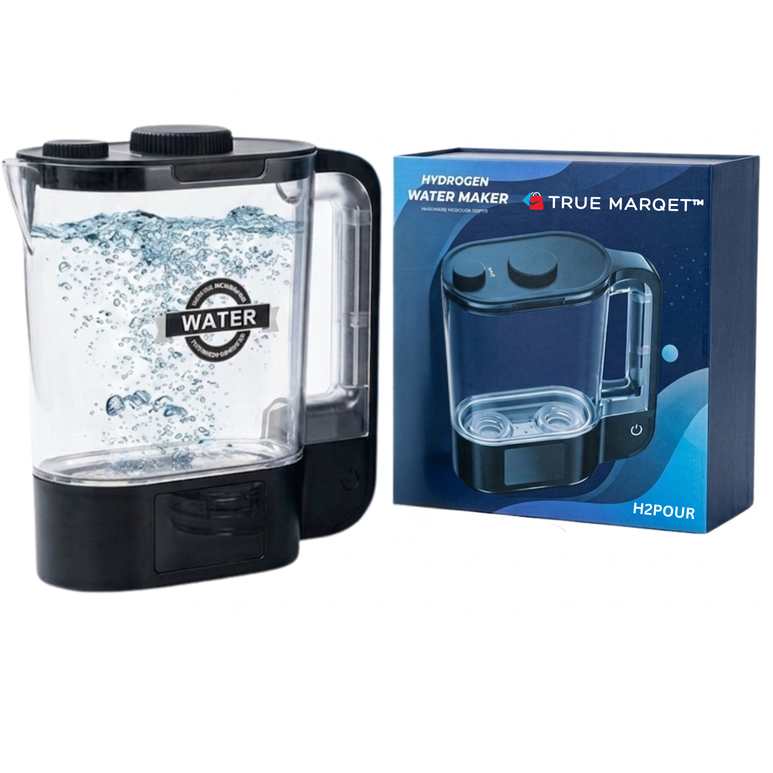 TRUE MARQET H2POUR Premium Hydrogen Water Pitcher | 68oz Hydrogen Water Generator | 3000 PPB H2 | Rechargeable Hydrogen Water Maker for Home