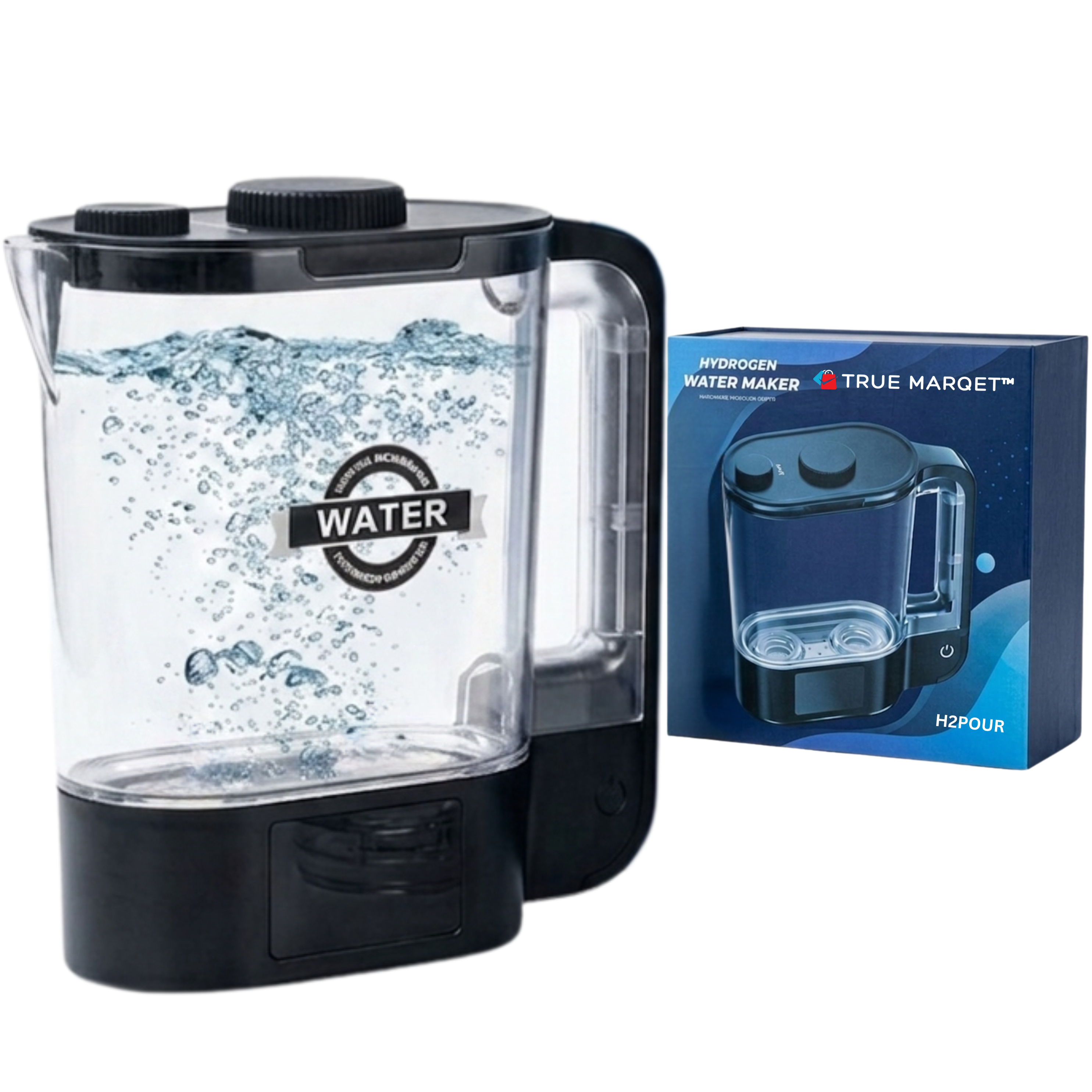 TRUE MARQET H2POUR Premium Hydrogen Water Pitcher | 68oz Hydrogen Water Generator | 3000 PPB H2 | Rechargeable Hydrogen Water Maker for Home