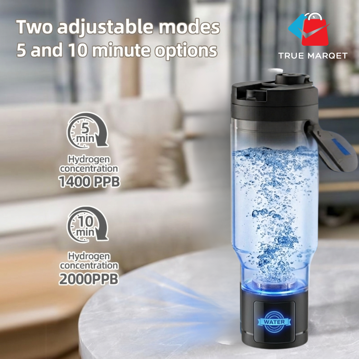 TRUE MARQET H2FILTER Premium Hydrogen Rich + Alkaline Water Bottle W Filter Straw | 3-in-1 Hydrogen Water Generator, Alkaline Water Creator, and Filter W Straw | Up to 3007 PPB H2 |750 mL