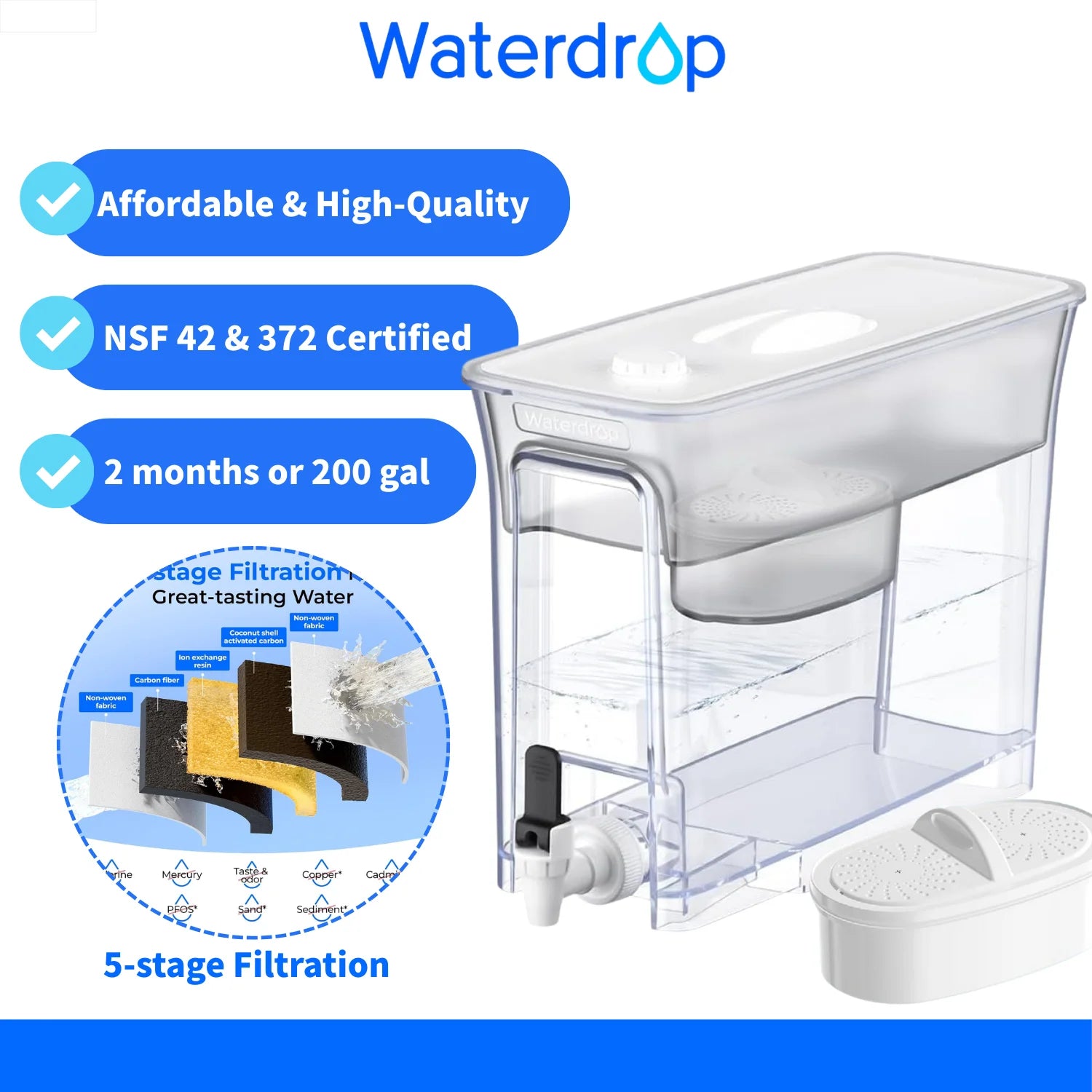 Waterdrop 35-Cup Slim Water Filter Dispenser, Large Capacity, 200-Gallon Long-Life, Faster Filtration (with 1 Filter)