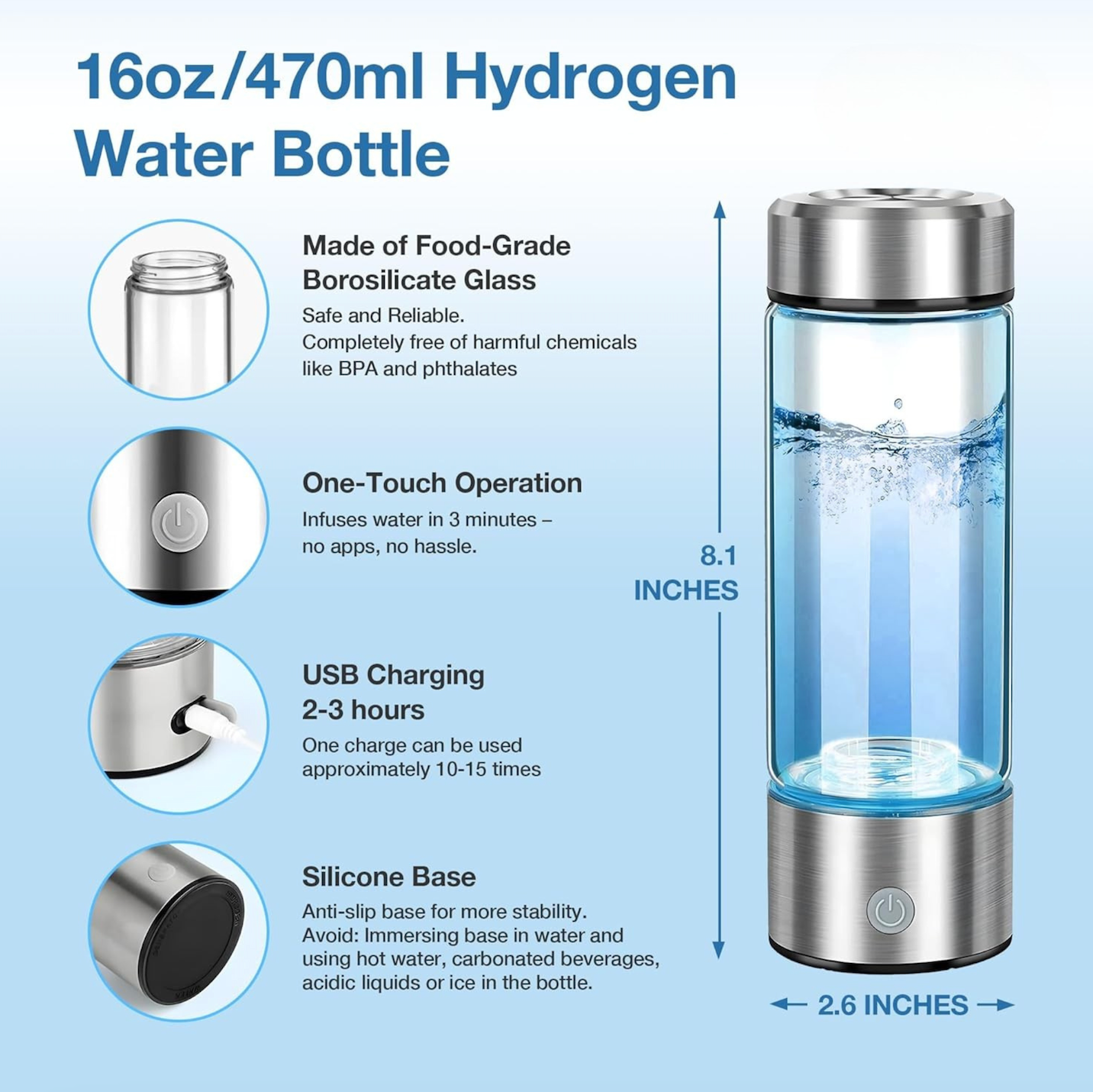TRUE MARQET Hydrogen Water Bottle Generator | 2400 PPB Molecular Hydrogen | SPE and PEM Technology | Leakproof Large Capacity 420mL | Rechargeable Portable Hydrogen Water Maker