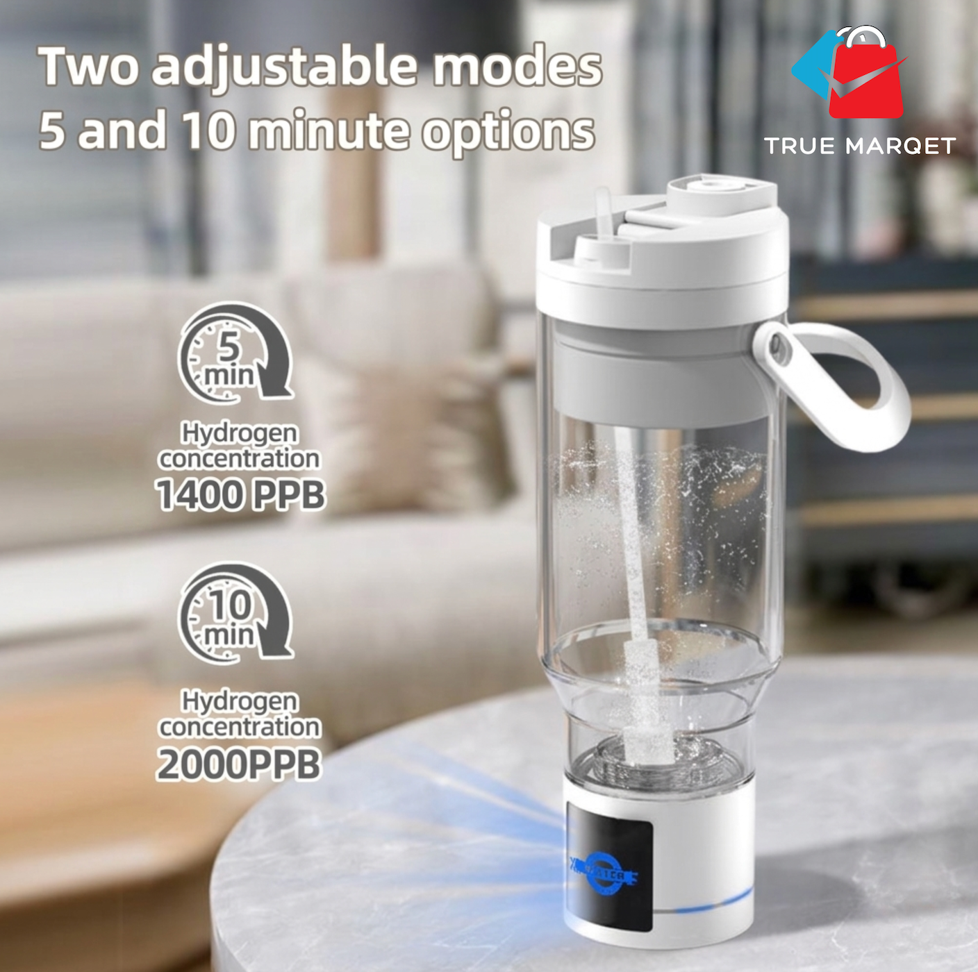 TRUE MARQET H2FLOW Hydrogen Water Bottle Tumbler – Up to 2000 PPB Molecular Hydrogen | Titanium/Platinum Electrodes | Leakproof Large Capacity 1000 mL | Rechargeable Portable Hydrogen Water Generator
