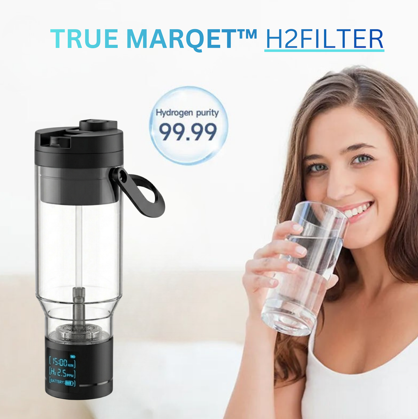 TRUE MARQET H2FILTER Premium Hydrogen Rich + Alkaline Water Bottle W Filter Straw | 3-in-1 Hydrogen Water Generator, Alkaline Water Creator, and Filter W Straw | Up to 3007 PPB H2 |750 mL