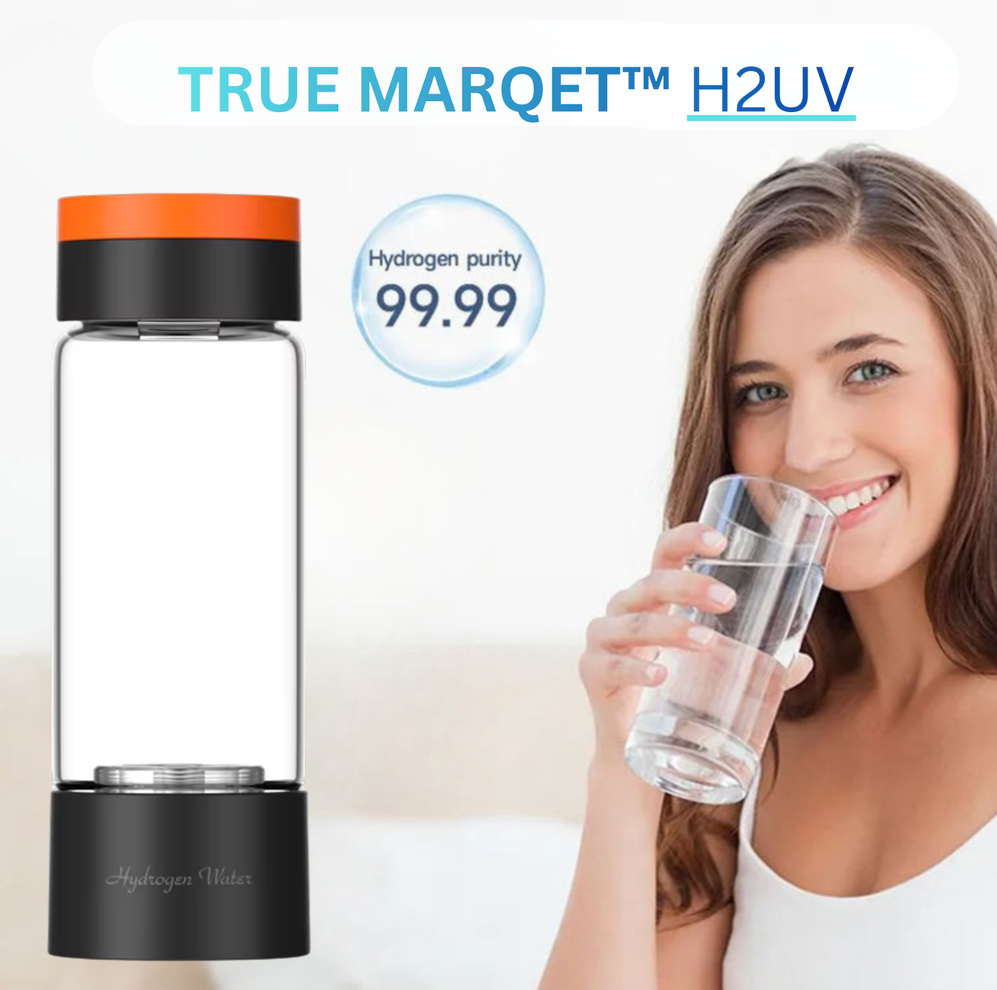TRUE MARQET H2UV Premium Hydrogen Water Bottle With UV Sterilization – Up to 3003 PPB Molecular H2 | Leakproof Large Capacity 480 mL | Titanium + Platinum Electrodes