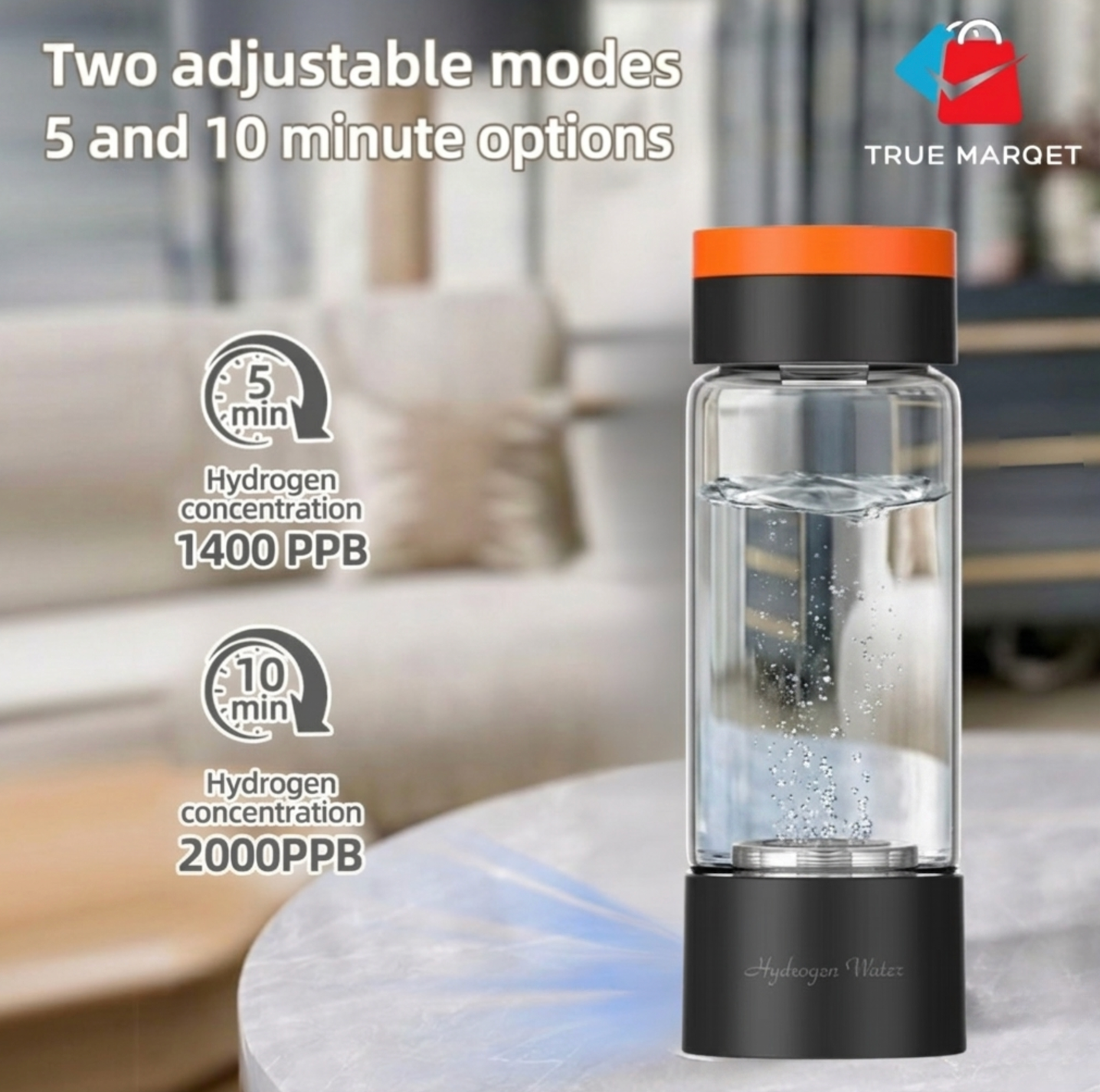 TRUE MARQET H2UV Premium Hydrogen Water Bottle With UV Sterilization – Up to 3003 PPB Molecular H2 | Leakproof Large Capacity 480 mL | Titanium + Platinum Electrodes
