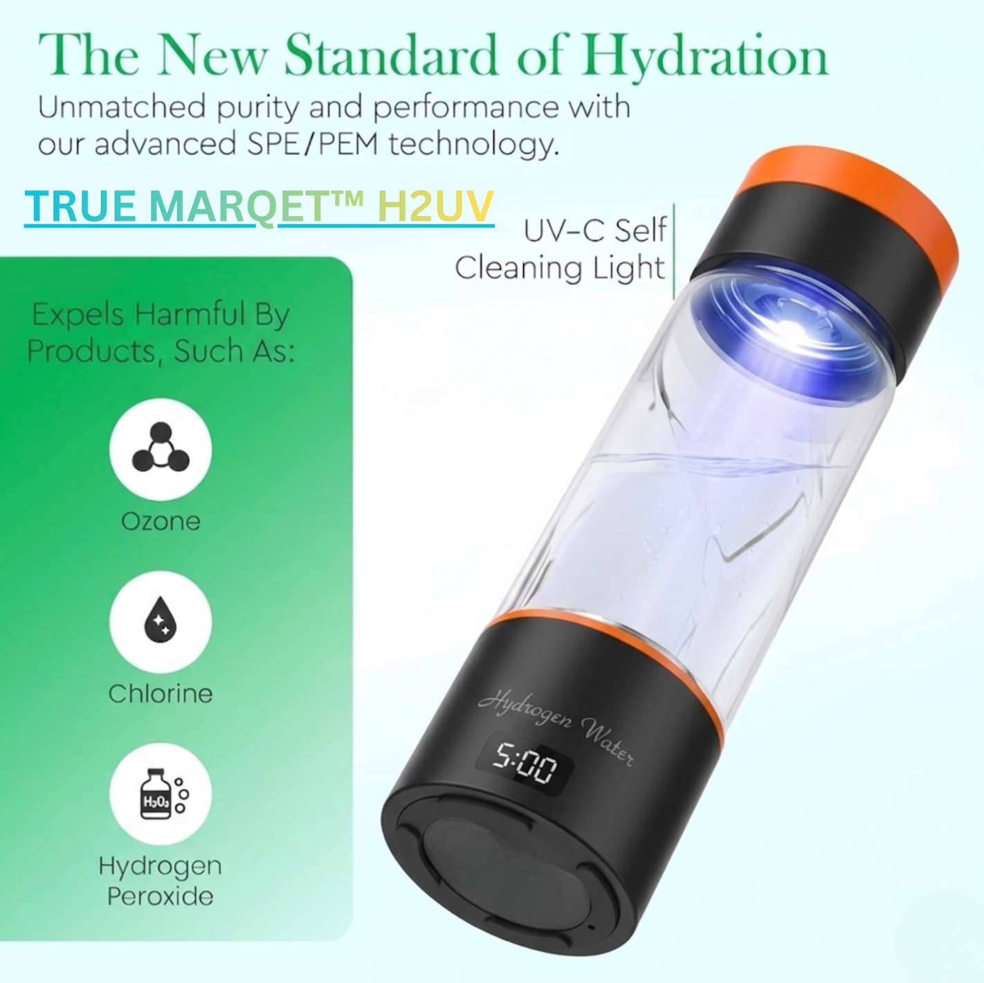 TRUE MARQET H2UV Premium Hydrogen Water Bottle With UV Sterilization – Up to 3003 PPB Molecular H2 | Leakproof Large Capacity 480 mL | Titanium + Platinum Electrodes