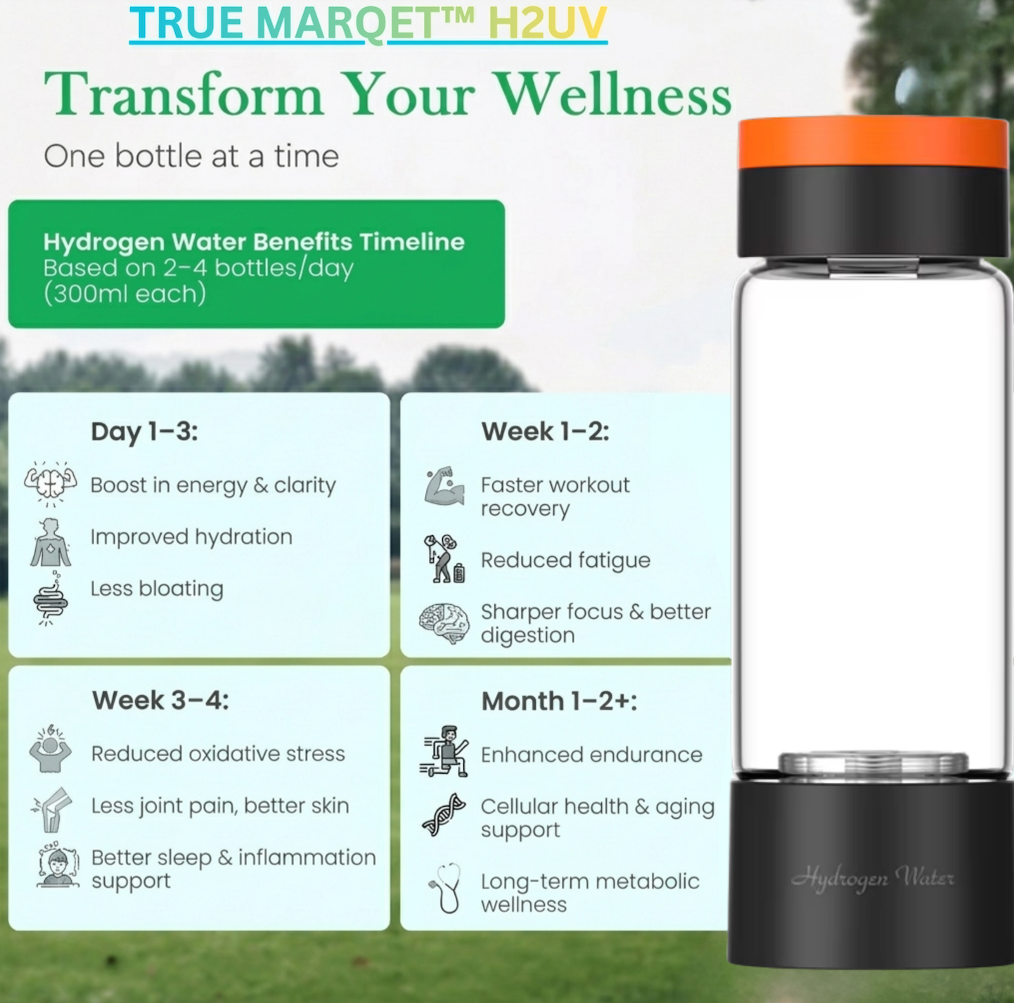 TRUE MARQET H2UV Premium Hydrogen Water Bottle With UV Sterilization – Up to 3003 PPB Molecular H2 | Leakproof Large Capacity 480 mL | Titanium + Platinum Electrodes