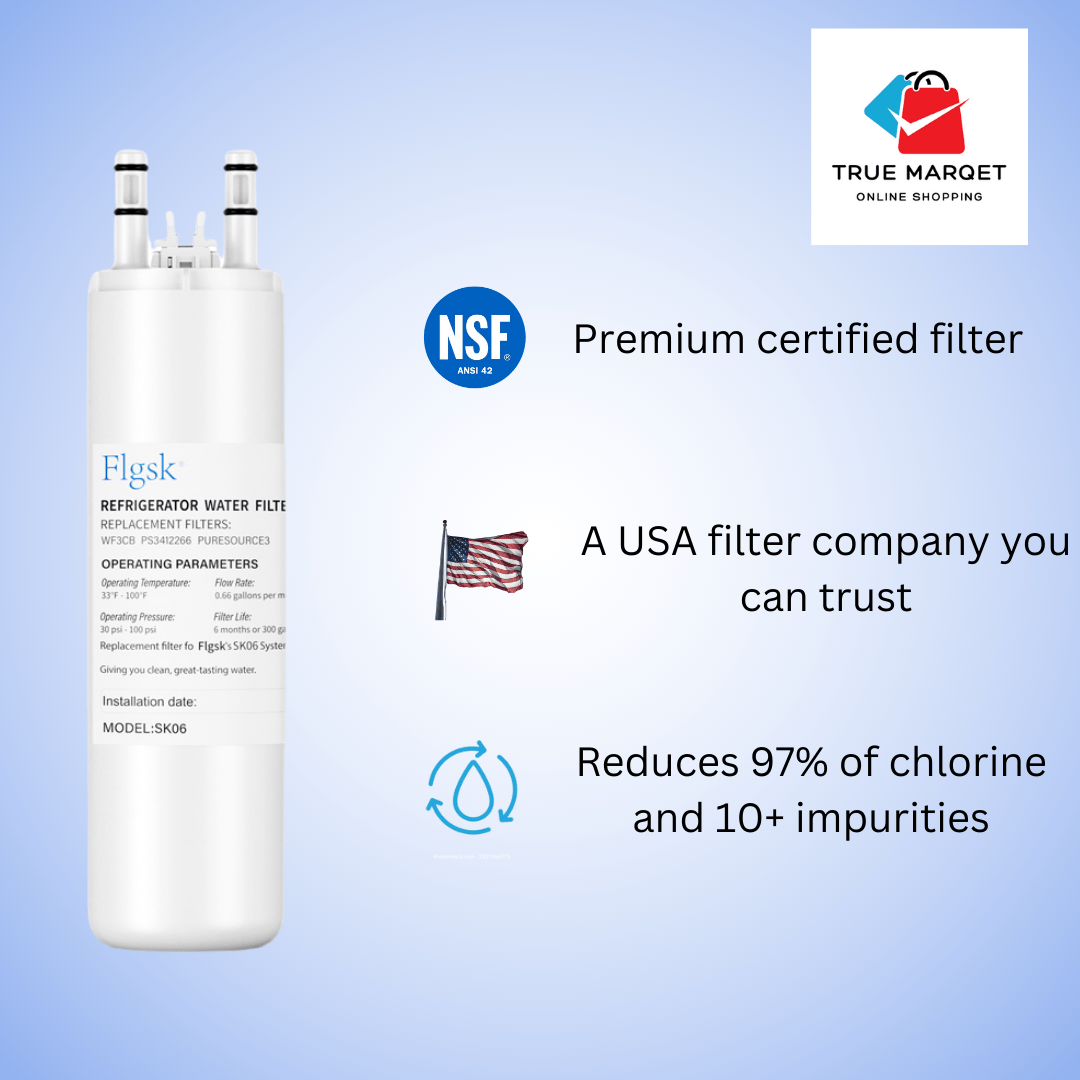 True Marqet, USA based company, Flgsk WF3CB compatible water filter replacement for Pure Source 3, WF425, and 242069601 – reduces chlorine, odors, and contaminants for clean water.