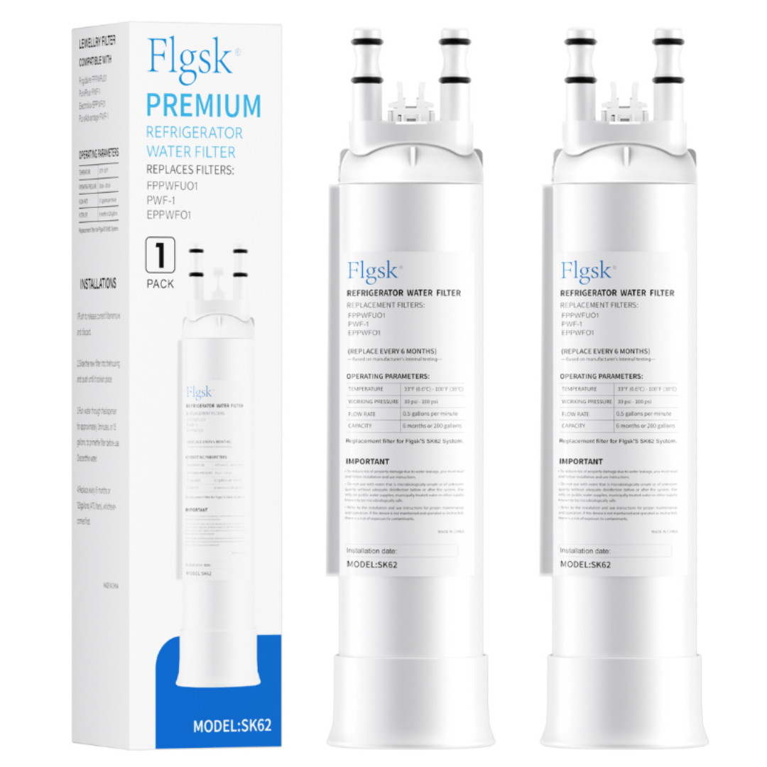2 pack Flgsk SK62 replacement water filter compatible with Electrolux EPPWFU01, PurePour PWF-1, and Frigidaire FPPWFU01, designed to reduce chlorine, odors, and contaminants for fresh, clean water.