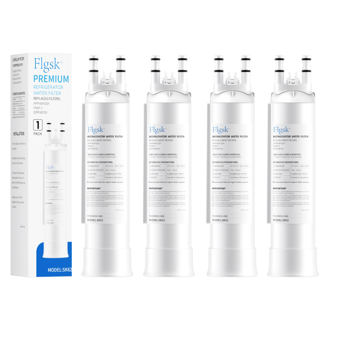 4 pack Flgsk SK62 replacement water filter compatible with Electrolux EPPWFU01, PurePour PWF-1, and Frigidaire FPPWFU01, designed to reduce chlorine, odors, and contaminants for fresh, clean water.