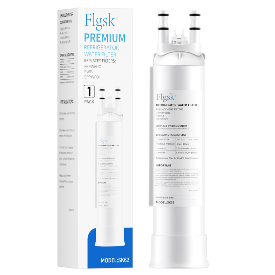 1 pack Flgsk SK62 replacement water filter compatible with Electrolux EPPWFU01, PurePour PWF-1, and Frigidaire FPPWFU01, designed to reduce chlorine, odors, and contaminants for fresh, clean water.
