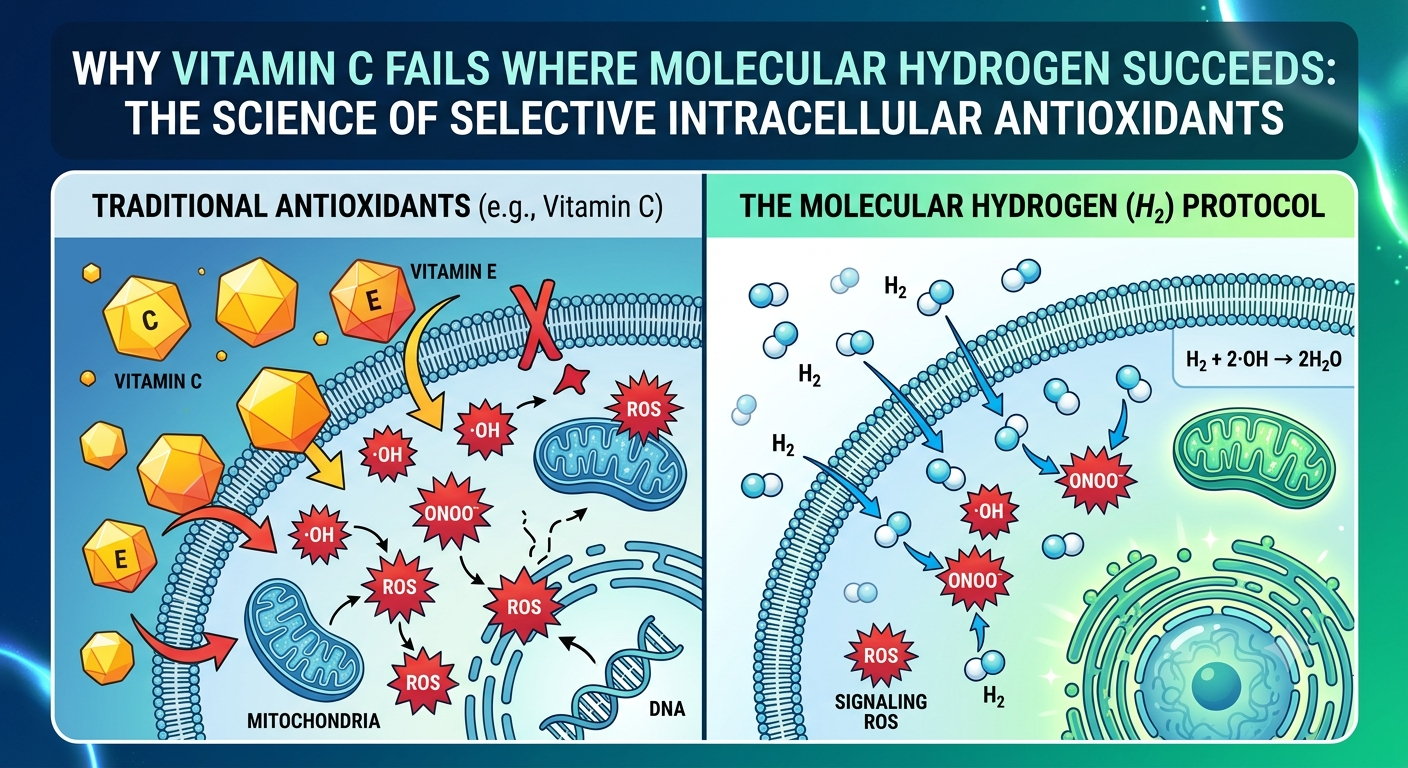 Why Vitamin C Fails Where Molecular Hydrogen Succeeds: The Science of Selective Intracellular Antioxidants