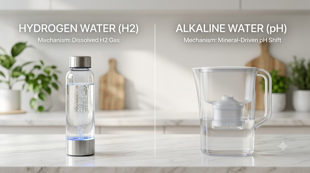 Hydrogen water bottle and alkaline water pitcher side by side, illustrating dissolved H2 gas versus mineral-driven pH shift