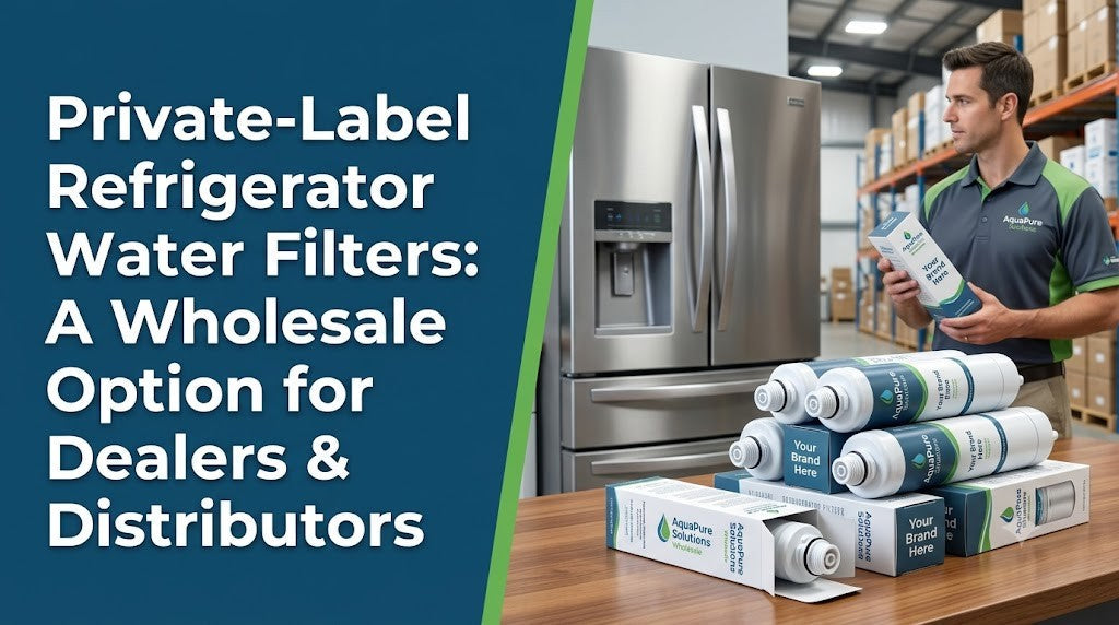 Private-label refrigerator water filter boxes and cartridges on a wholesale warehouse counter, with a worker in a branded polo holding a filter box printed 'Your Brand Here' next to a stainless refrigerator