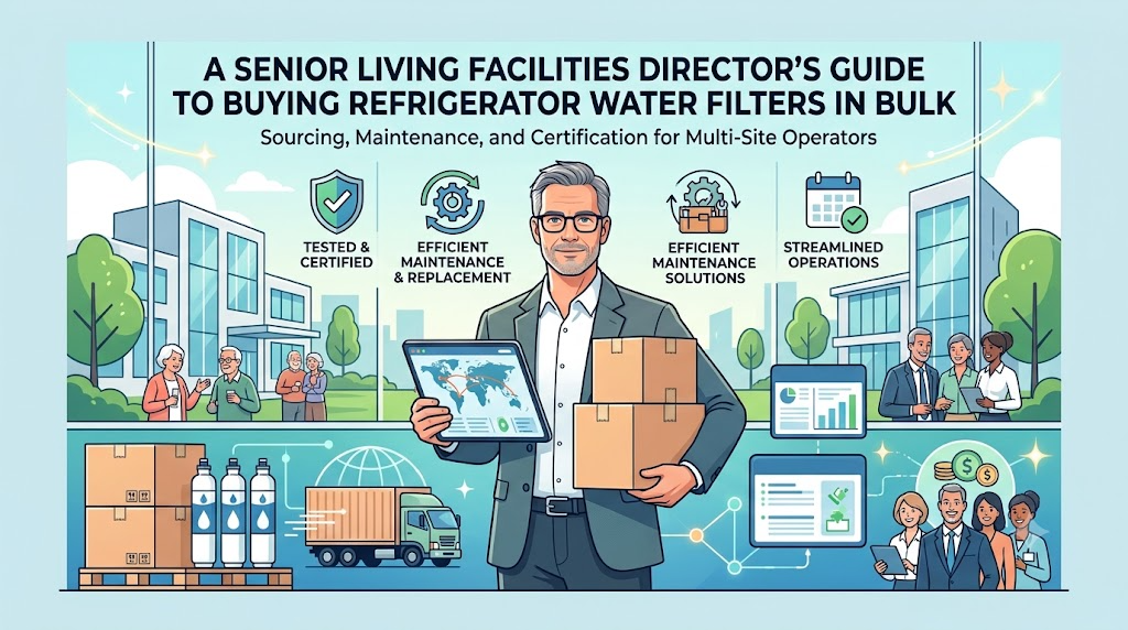 Facilities director reviewing bulk refrigerator water filter delivery and logistics for a senior living community