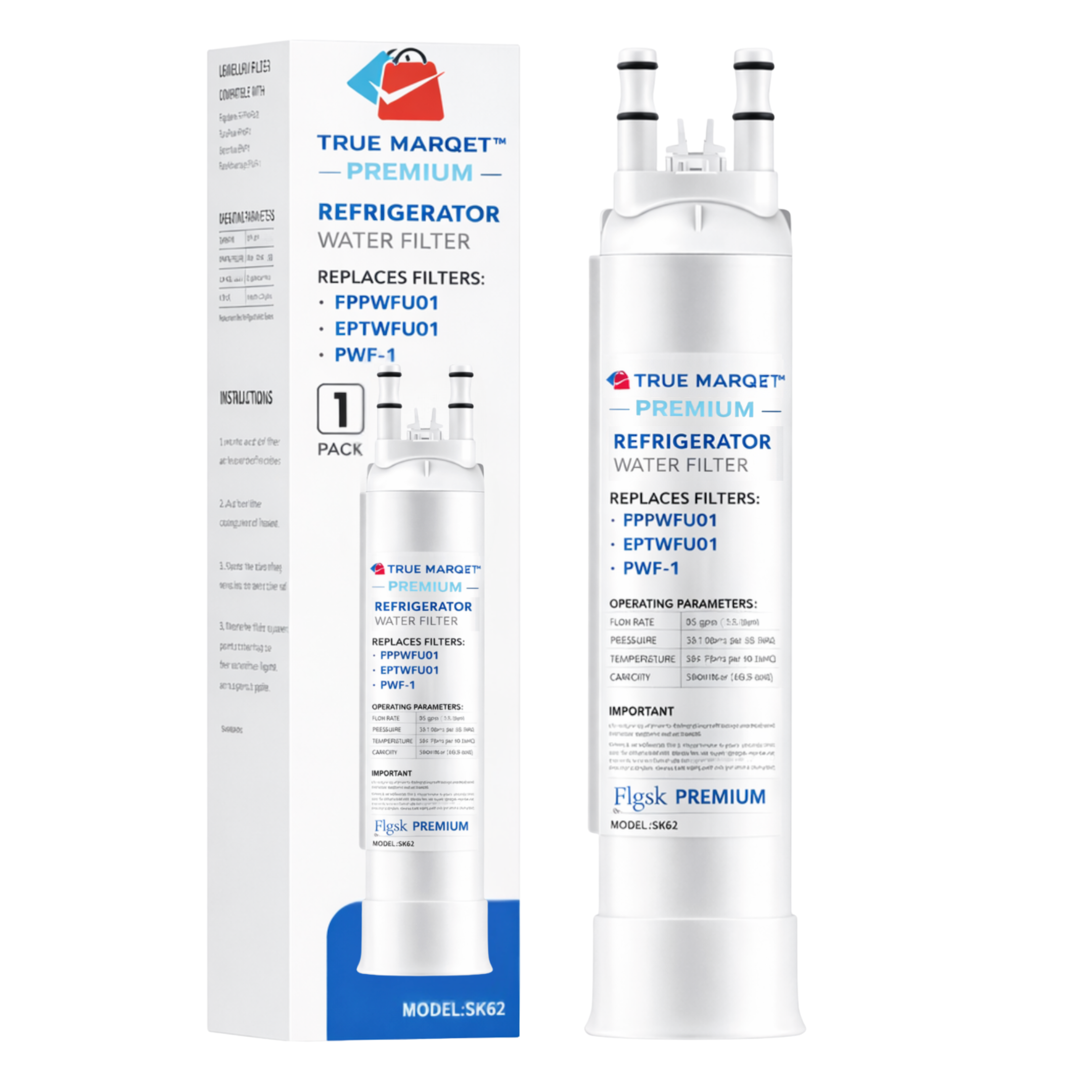 True Marqet SK62 replacement water filter for Frigidaire FPPWFU01 and PWF-1 refrigerator models