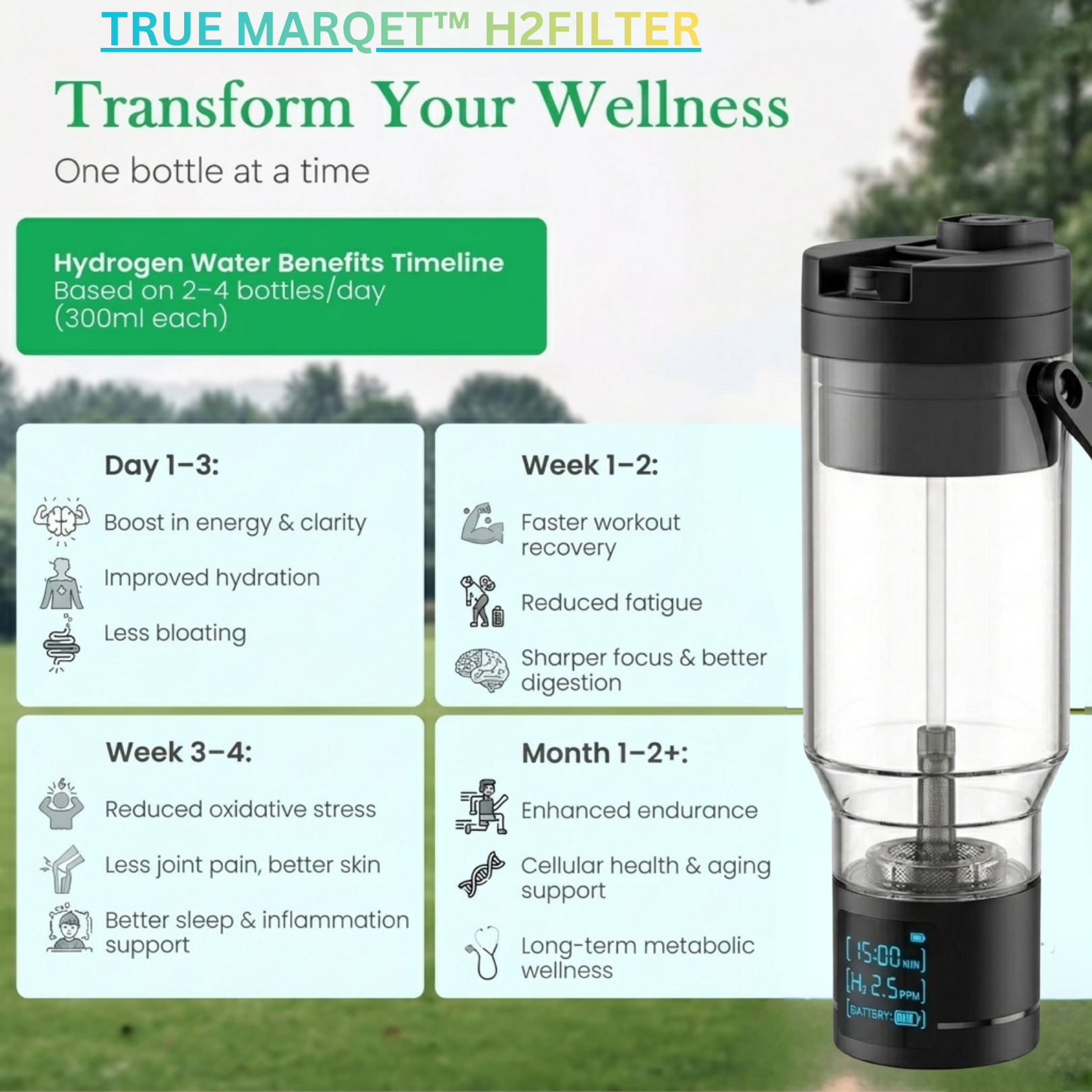 TRUE MARQET H2FILTER Premium Hydrogen Rich + Alkaline Water Bottle W Filter Straw | 3-in-1 Hydrogen Water Generator, Alkaline Water Creator, and Filter W Straw | Up to 3007 PPB H2 |750 mL