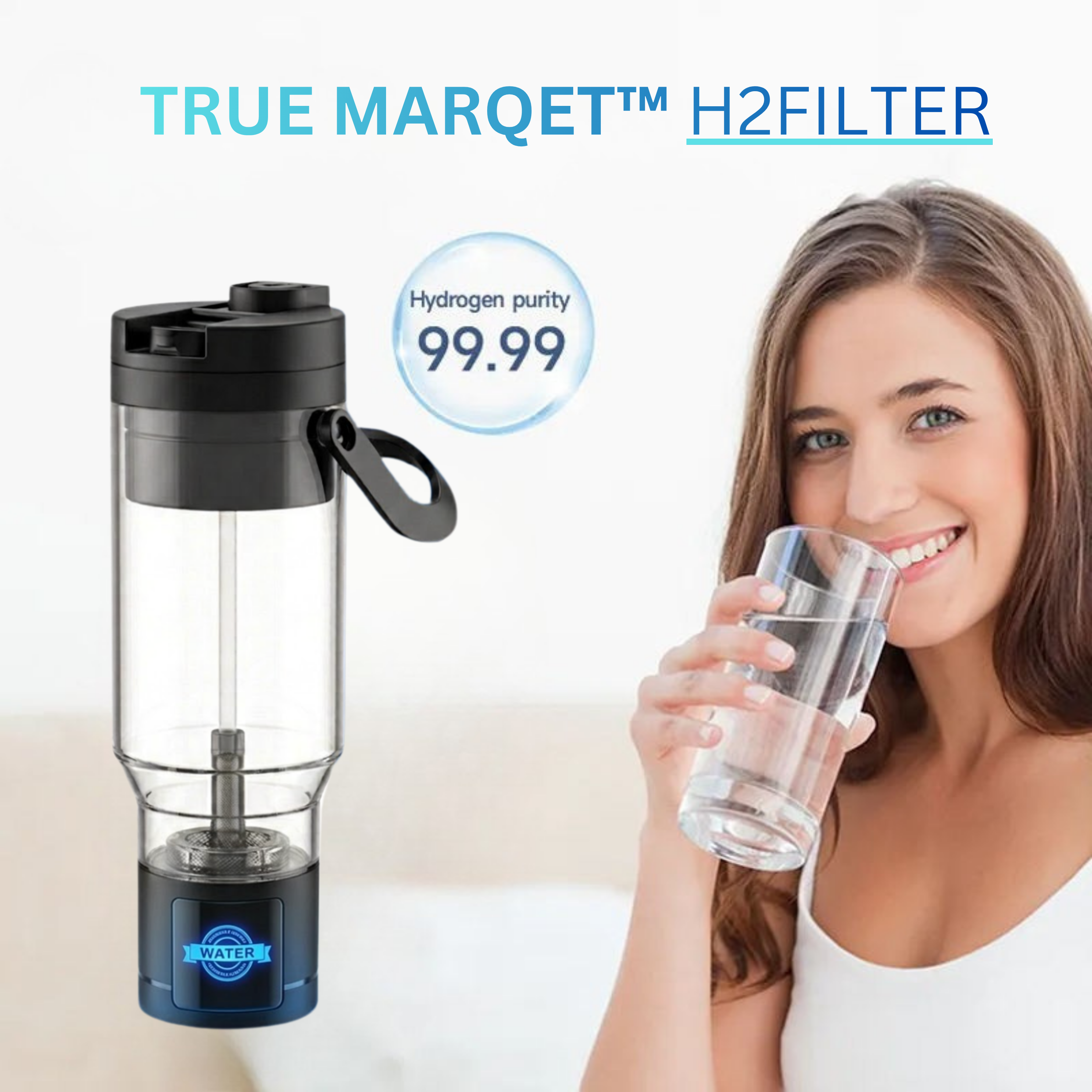 TRUE MARQET H2FILTER Premium Hydrogen Rich + Alkaline Water Bottle W Filter Straw | 3-in-1 Hydrogen Water Generator, Alkaline Water Creator, and Filter W Straw | Up to 3007 PPB H2 |750 mL