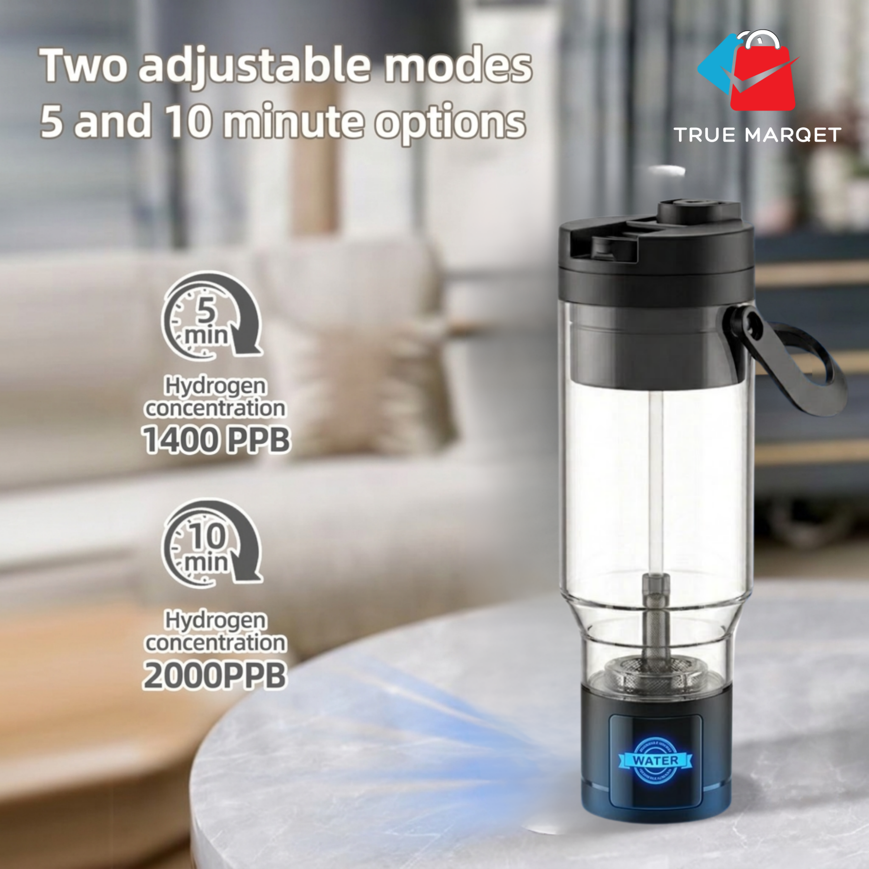 TRUE MARQET H2FILTER Premium Hydrogen Rich + Alkaline Water Bottle W Filter Straw | 3-in-1 Hydrogen Water Generator, Alkaline Water Creator, and Filter W Straw | Up to 3007 PPB H2 |750 mL
