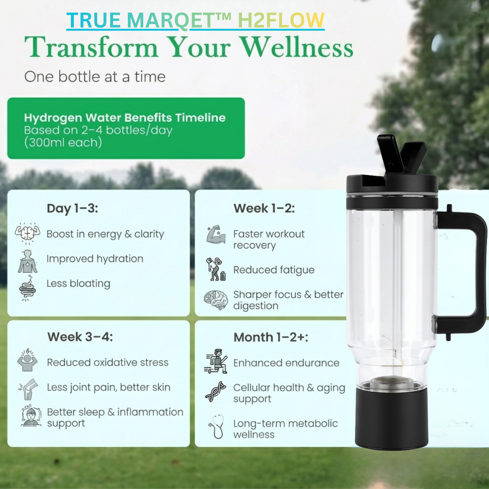 TRUE MARQET H2FLOW Premium Hydrogen Water Bottle Tumbler – Up to 3009 PPB Molecular H2 | Titanium/Platinum Electrodes | Leakproof Large Capacity 1000 mL | Rechargeable Portable Hydrogen Water Generator