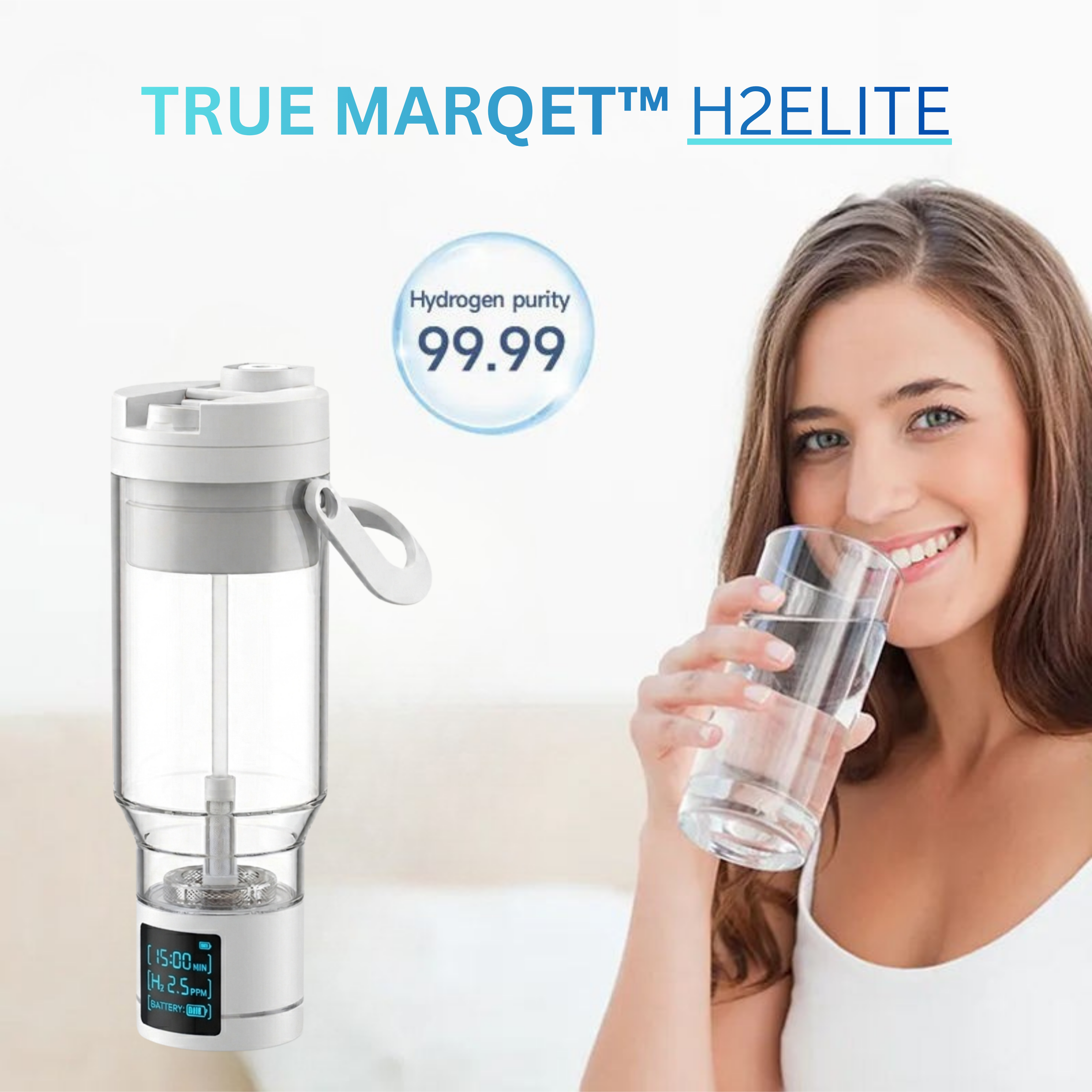 TRUE MARQET H2ELITE Hydrogen Water Bottle | 3-in-1 Hydrogen Water Generator, Alkaline Water Creator, and Filter W Straw | Up to 2000 PPB Molecular Hydrogen |750 mL Rechargeable Long Battery Life