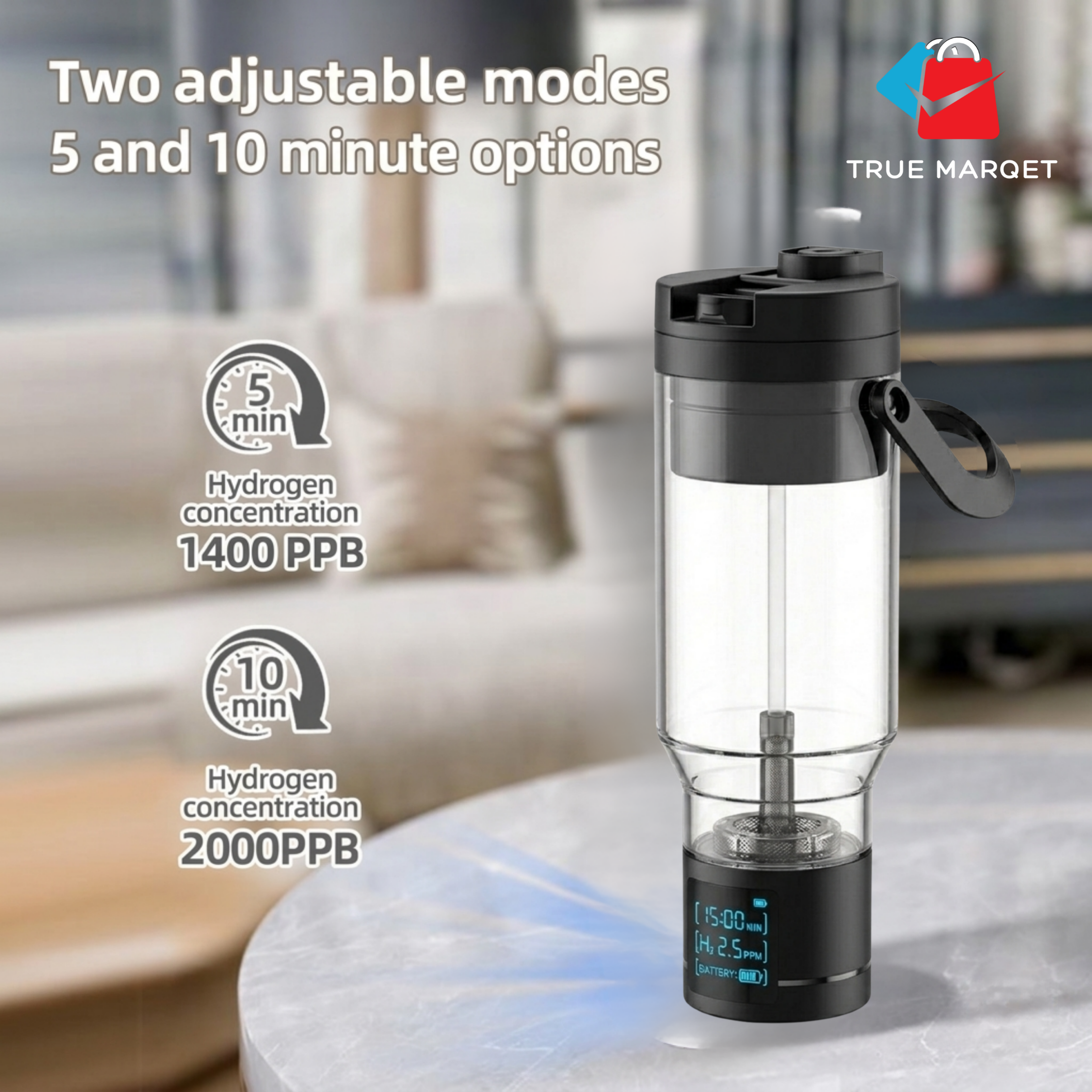 TRUE MARQET H2FILTER Premium Hydrogen Rich + Alkaline Water Bottle W Filter Straw | 3-in-1 Hydrogen Water Generator, Alkaline Water Creator, and Filter W Straw | Up to 3007 PPB H2 |750 mL
