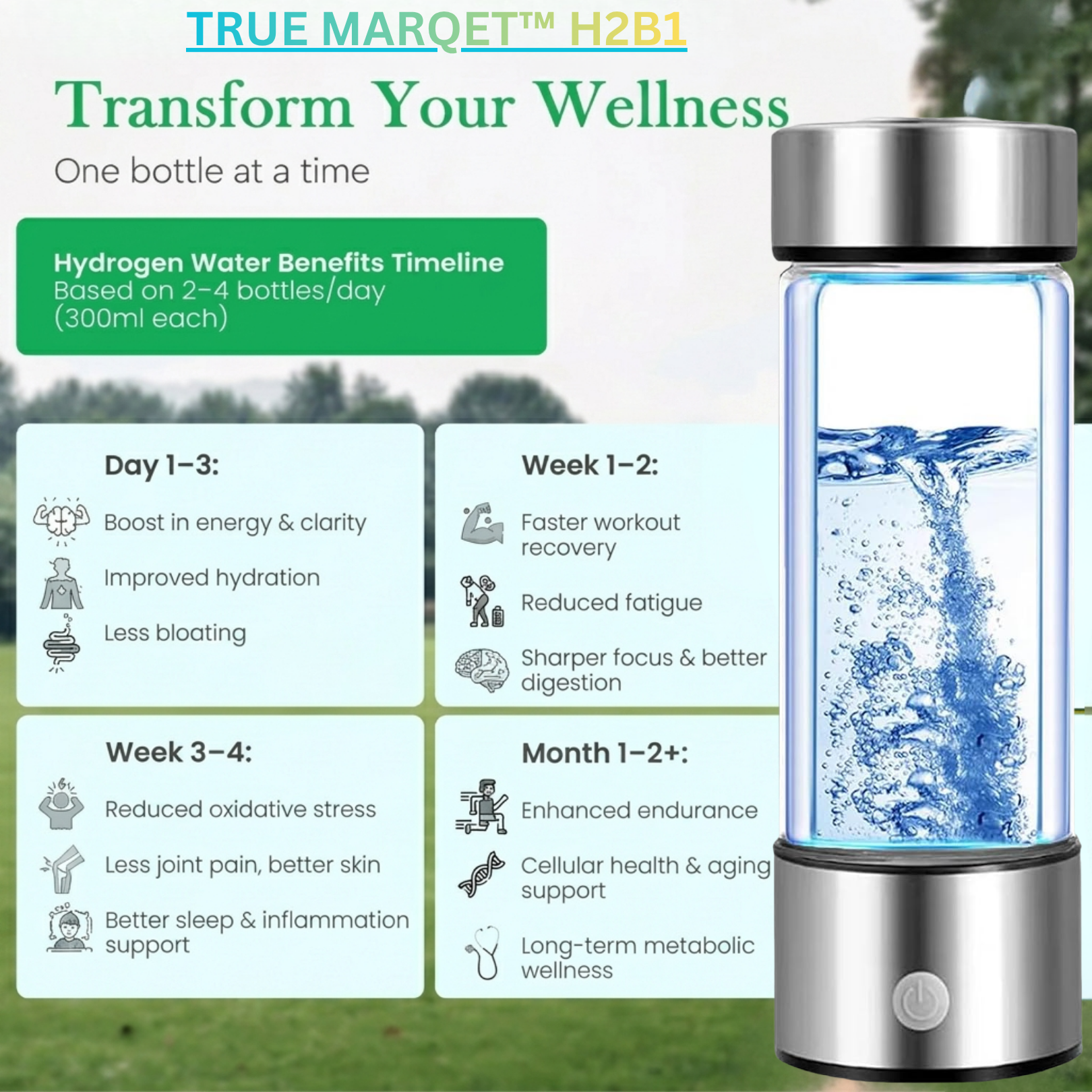 TRUE MARQET H2B1 Hydrogen Water Bottle Generator | Up to 2394 PPB Molecular Hydrogen | SPE and PEM Technology | Leak-Proof Capacity 420 mL | Rechargeable Portable Hydrogen Water Maker