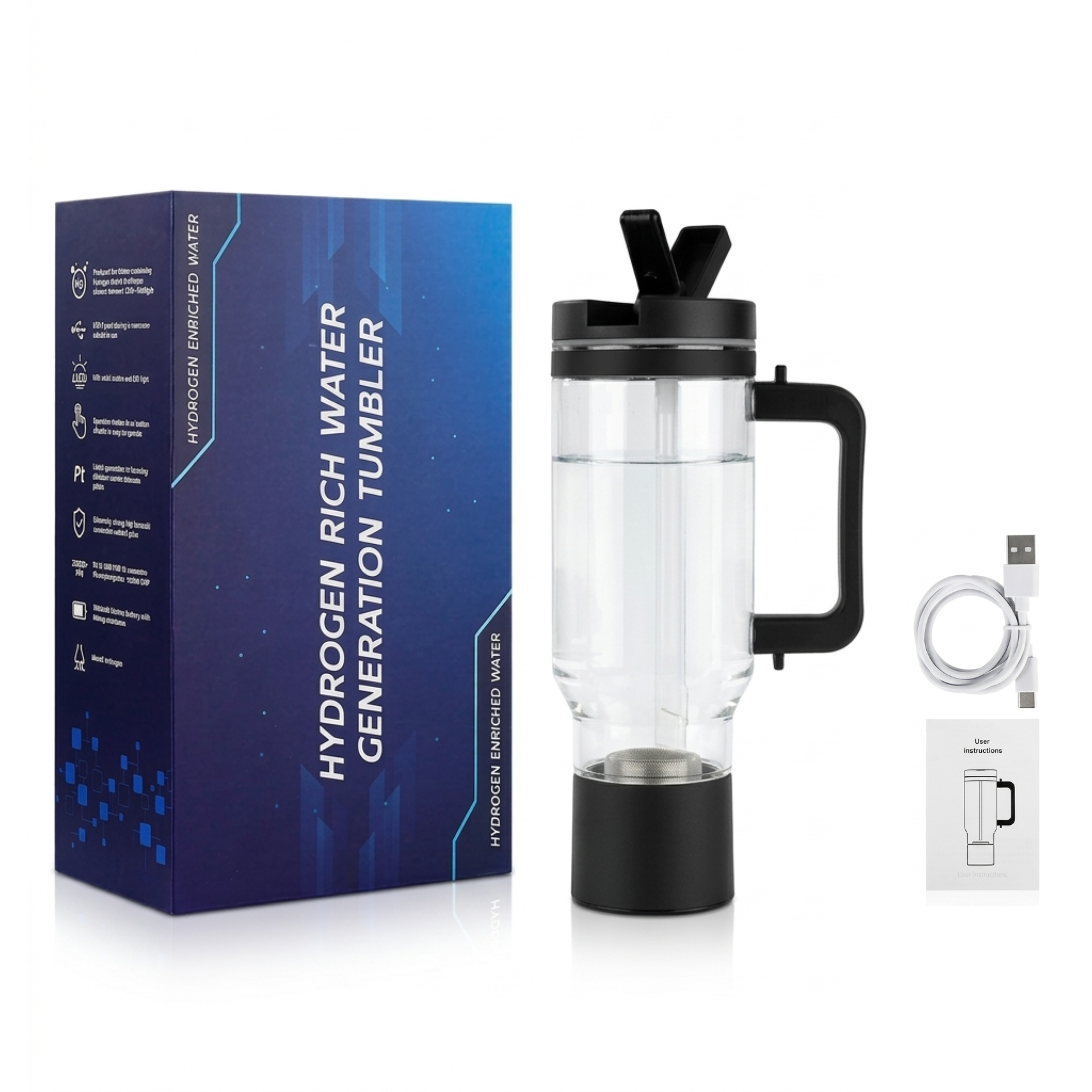 TRUE MARQET H2FLOW Hydrogen Water Bottle Tumbler – Up to 3009 PPB Molecular H2 | Titanium/Platinum Electrodes | Leakproof Large Capacity 1000 mL | Rechargeable Portable Hydrogen Water Generator