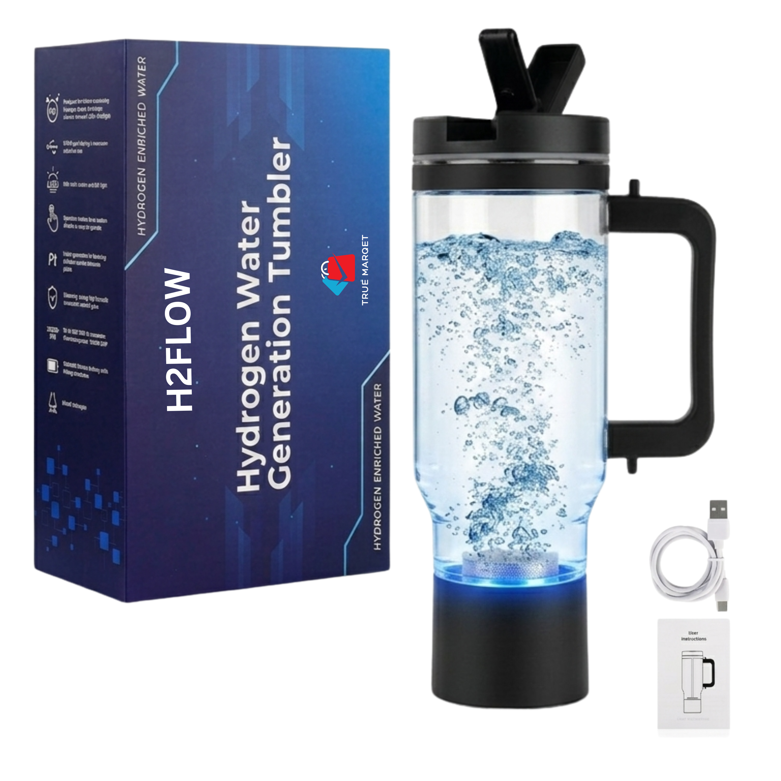 TRUE MARQET H2FLOW Premium Hydrogen Water Bottle Tumbler – Up to 3009 PPB Molecular H2 | Titanium/Platinum Electrodes | Leakproof Large Capacity 1000 mL | Rechargeable Portable Hydrogen Water Generator