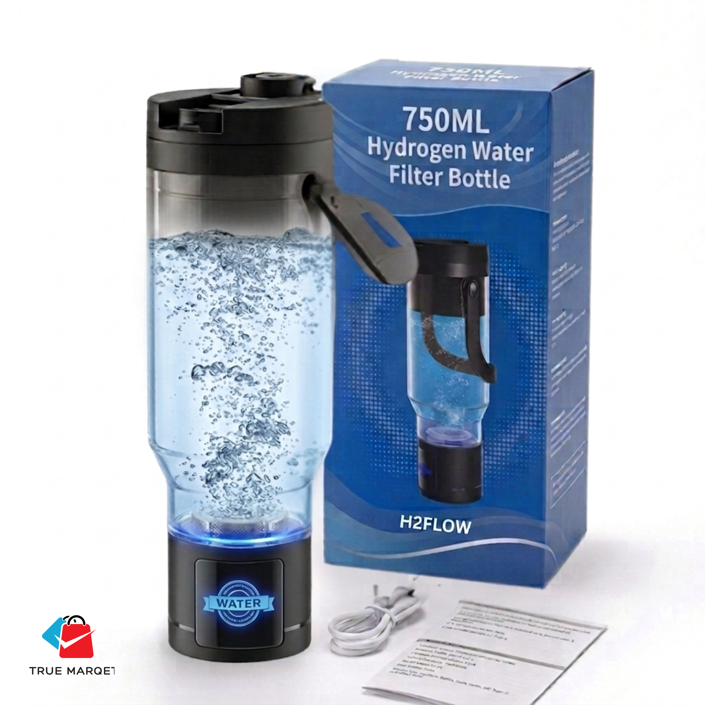 TRUE MARQET H2FILTER Premium Hydrogen Rich + Alkaline Water Bottle W Filter Straw | 3-in-1 Hydrogen Water Generator, Alkaline Water Creator, and Filter W Straw | Up to 3007 PPB H2 |750 mL