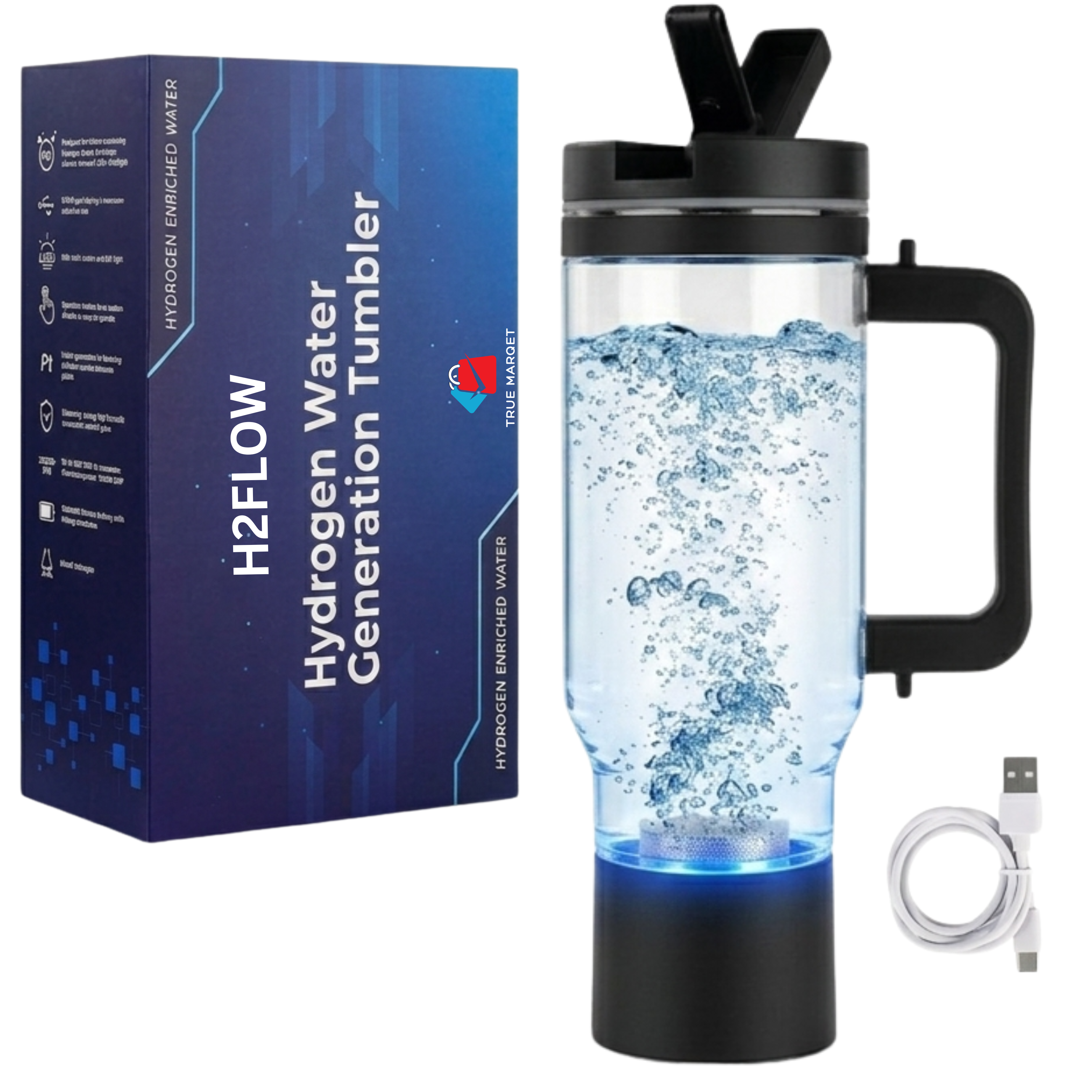 TRUE MARQET H2FLOW Premium Hydrogen Water Bottle Tumbler – Up to 3009 PPB Molecular H2 | Titanium/Platinum Electrodes | Leakproof Large Capacity 1000 mL | Rechargeable Portable Hydrogen Water Generator
