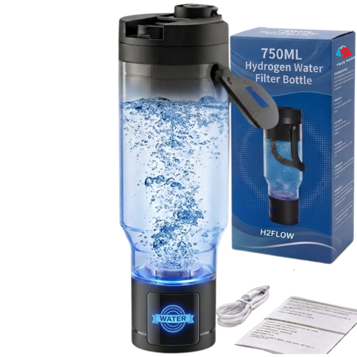 TRUE MARQET H2FILTER Premium Hydrogen Rich + Alkaline Water Bottle W Filter Straw | 3-in-1 Hydrogen Water Generator, Alkaline Water Creator, and Filter W Straw | Up to 3007 PPB H2 |750 mL