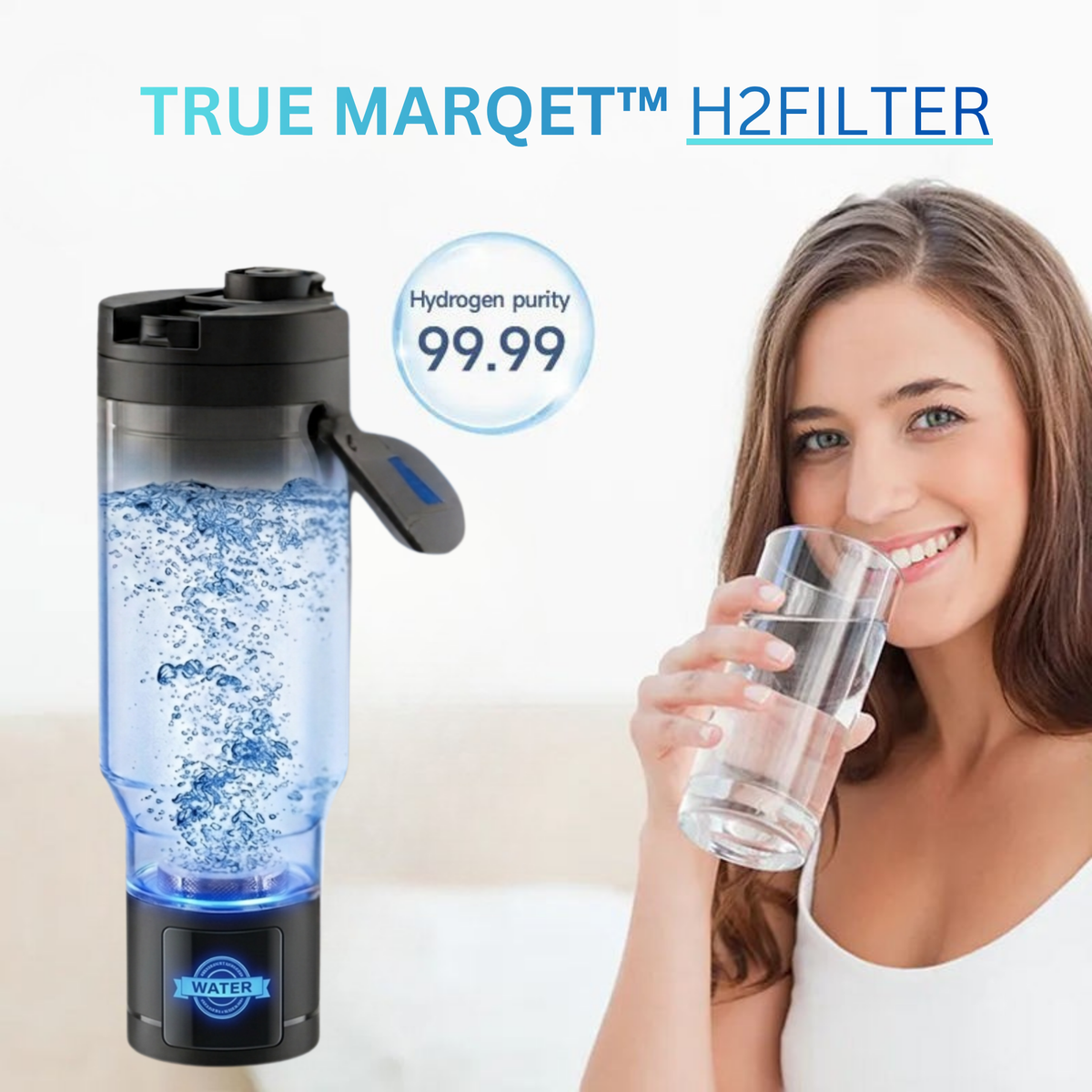 TRUE MARQET H2FILTER Premium Hydrogen Rich + Alkaline Water Bottle W Filter Straw | 3-in-1 Hydrogen Water Generator, Alkaline Water Creator, and Filter W Straw | Up to 3007 PPB H2 |750 mL