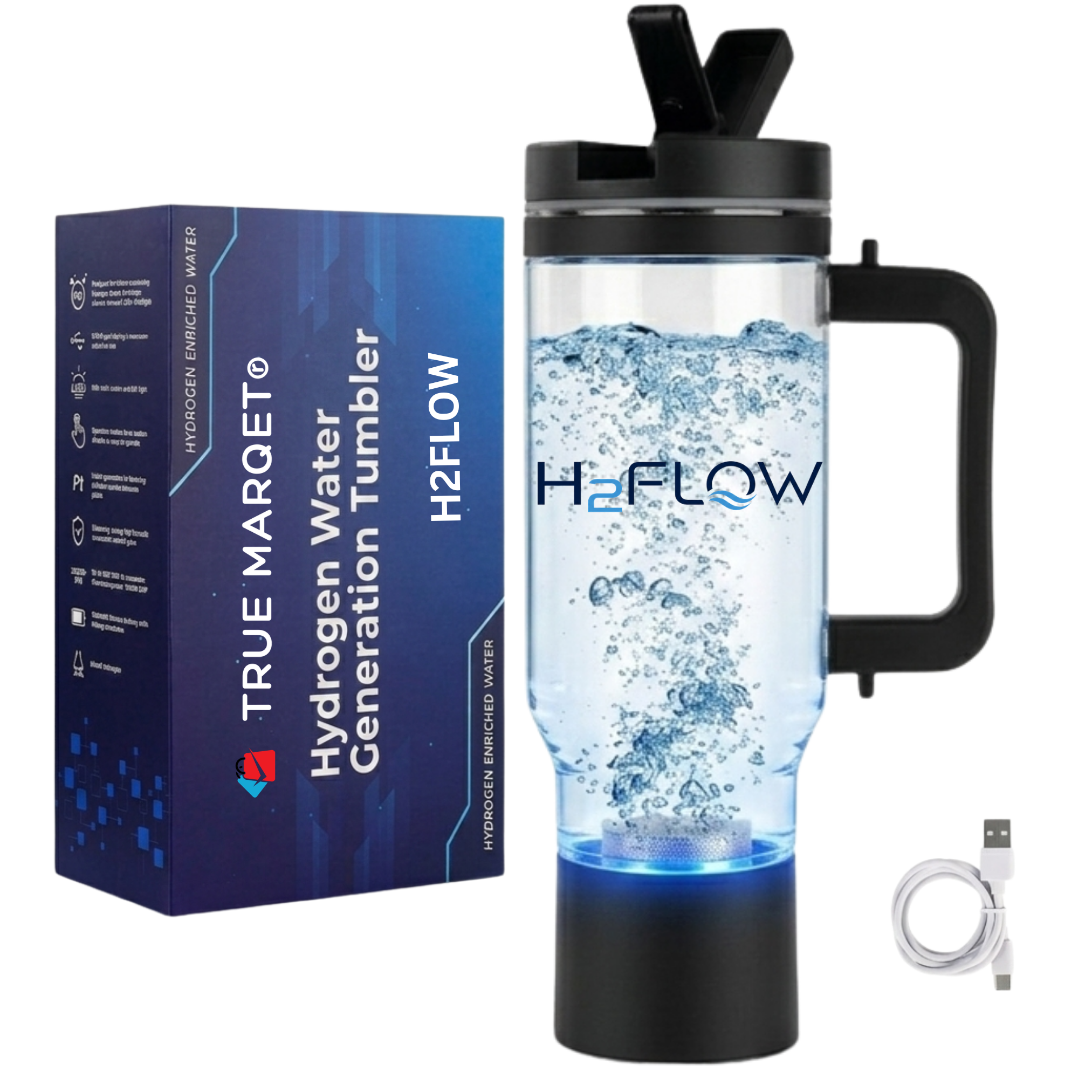 TRUE MARQET H2FLOW Premium Hydrogen Water Bottle Tumbler – Up to 3009 PPB Molecular H2 | Titanium/Platinum Electrodes | Leakproof Large Capacity 1000 mL | Rechargeable Portable Hydrogen Water Generator