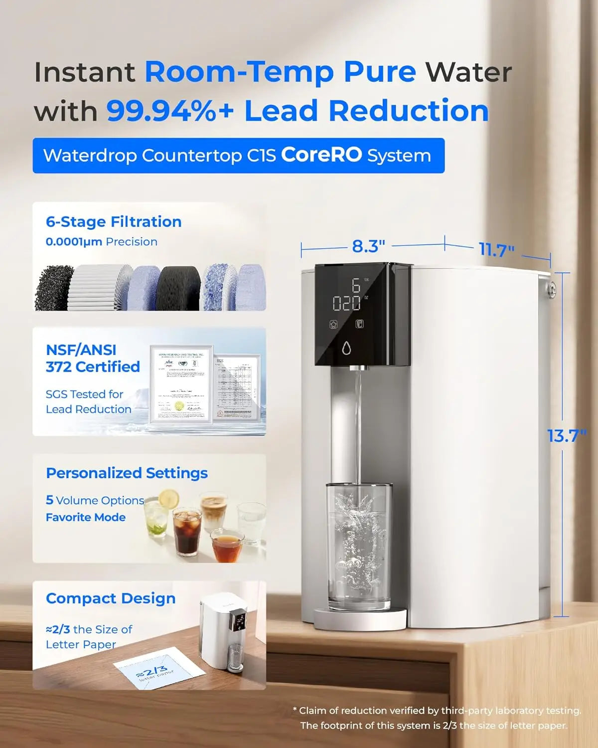 CoreRO Waterdrop Countertop Reverse Osmosis System, 6-Stage Portable Reverse Osmosis Water Filter, WD-C1S