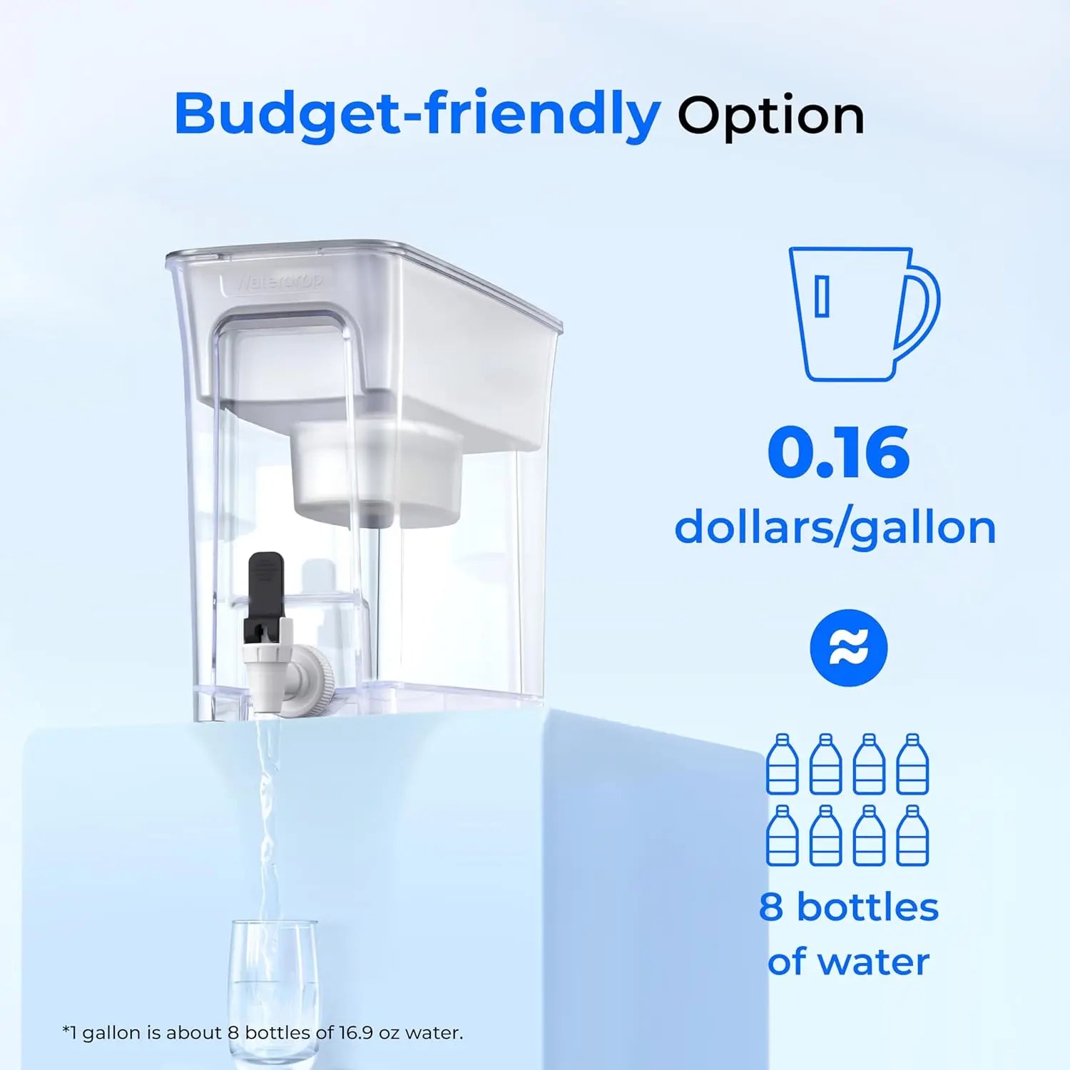 Waterdrop 35-Cup Slim Water Filter Dispenser, Large Capacity, 200-Gallon Long-Life, Faster Filtration (with 1 Filter)
