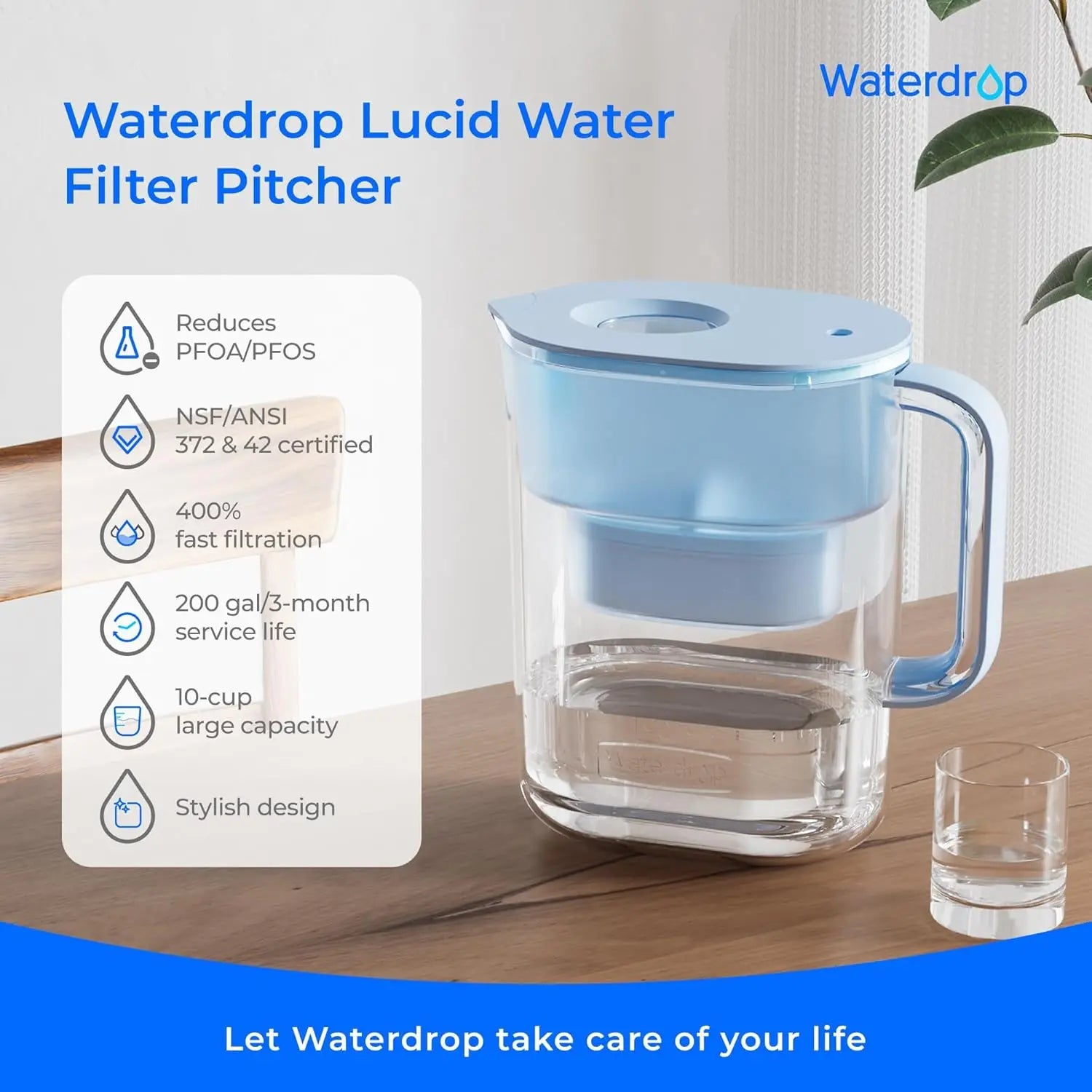 Waterdrop Water Filter Pitcher with Filter, 200-Gallon, 10-Cup, NSF Certified