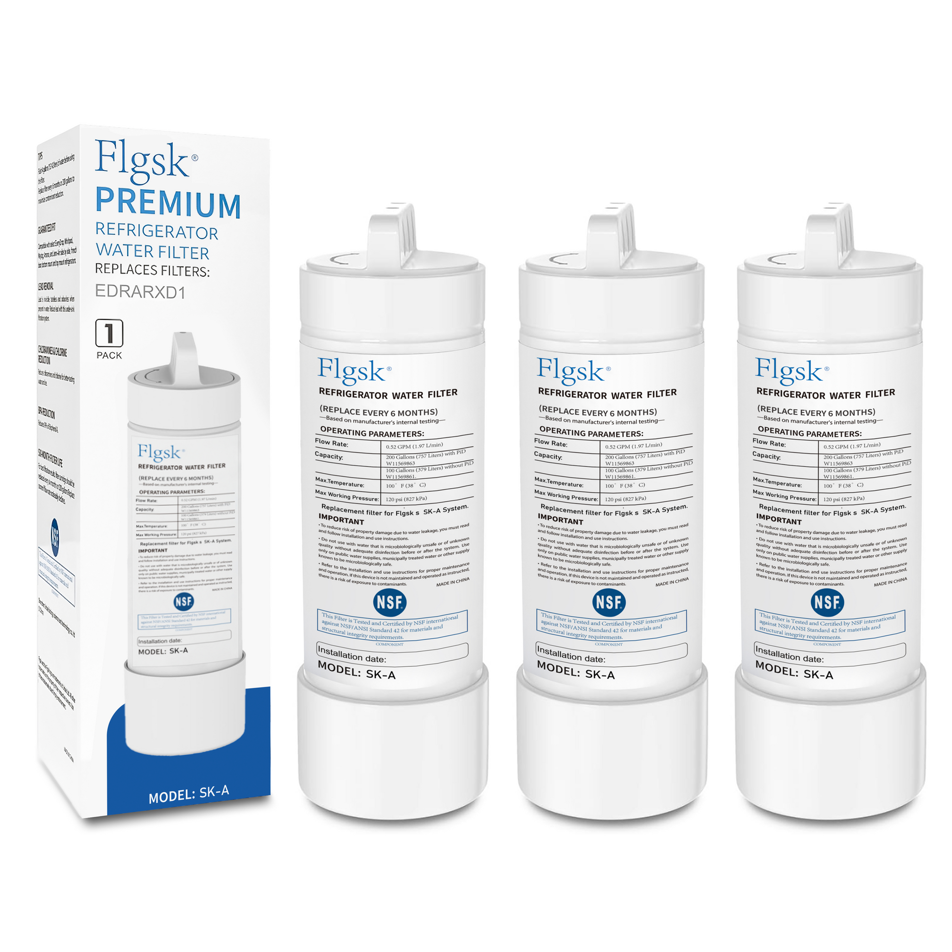 3 pack of EDRARXD1 compatible refrigerator water filter by Flgsk – replacement for Everydrop Filter A
