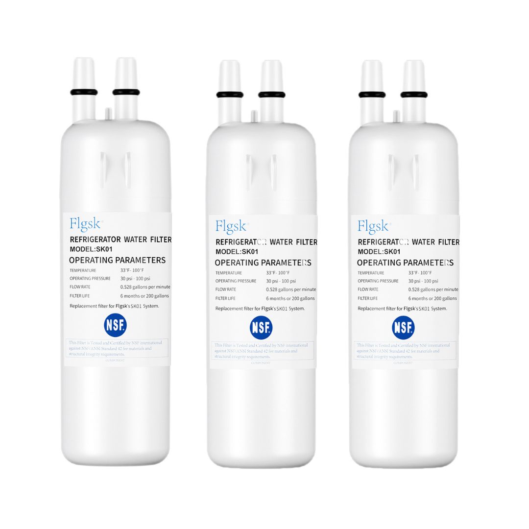 Flgsk SK01 replacement refrigerator water filter compatible with W10295370A, EDR1RXD1, P4RFWB, P8RFWB2L – 3-pack, easy installation, high-performance filtration.