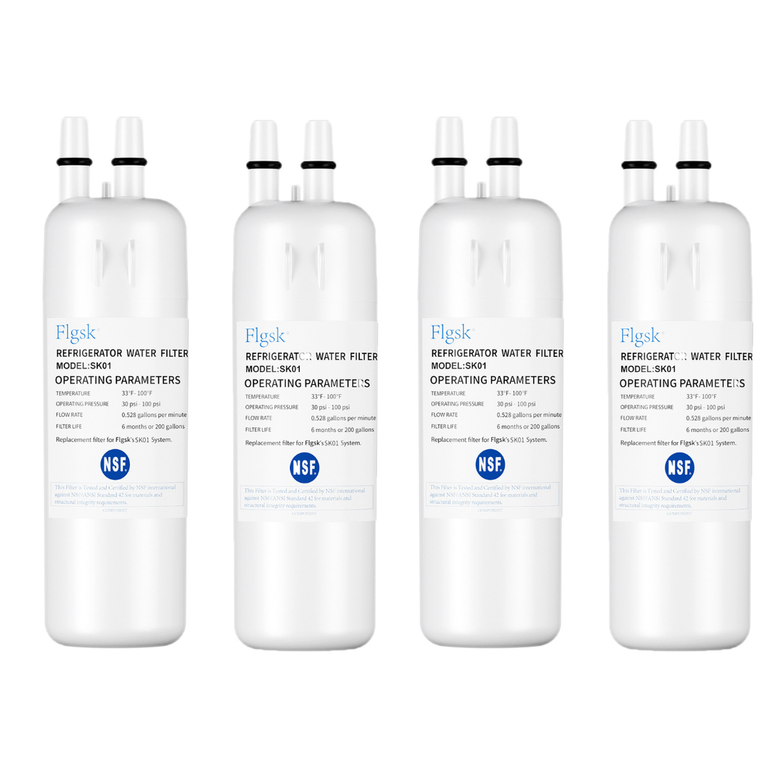 Flgsk SK01 replacement refrigerator water filter compatible with W10295370A, EDR1RXD1, P4RFWB, P8RFWB2L – 4-pack, easy installation, high-performance filtration.