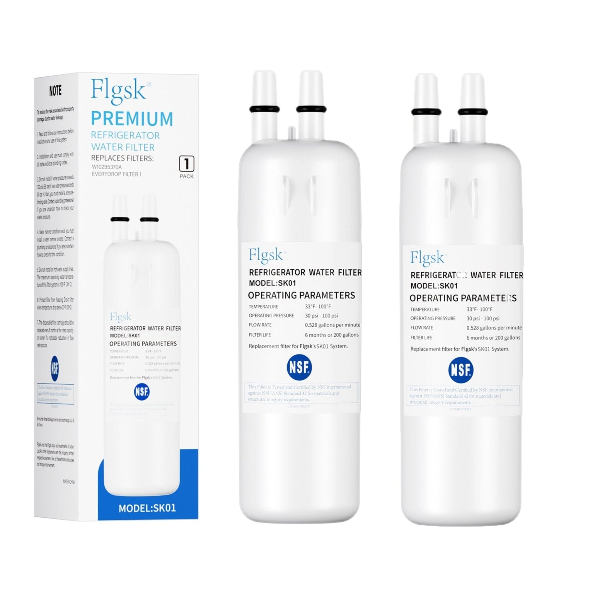 Flgsk SK01 replacement refrigerator water filter compatible with W10295370A, EDR1RXD1, P4RFWB, P8RFWB2L – 2-pack, easy installation, high-performance filtration
